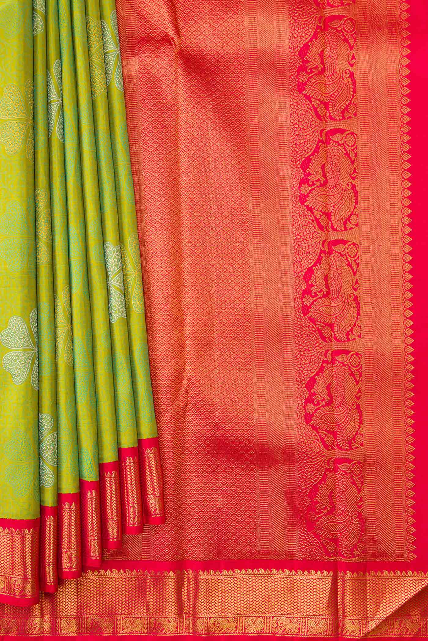 Pure Silk Pure Zari Parrot Green Kanchipuram Saree - Image 4
