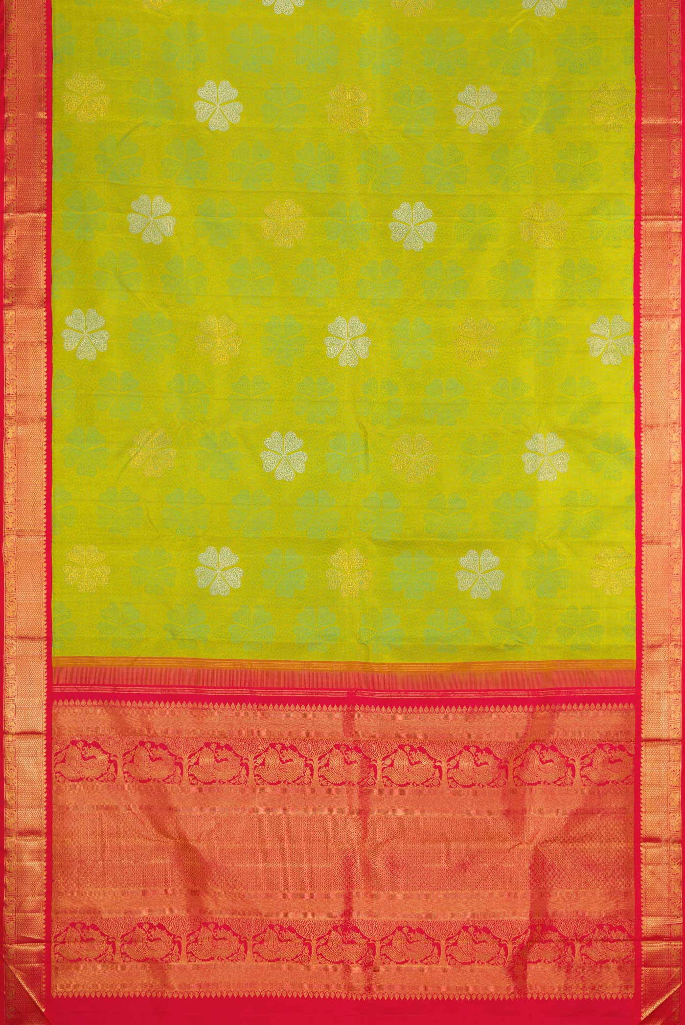 Pure Silk Pure Zari Parrot Green Kanchipuram Saree - Image 6