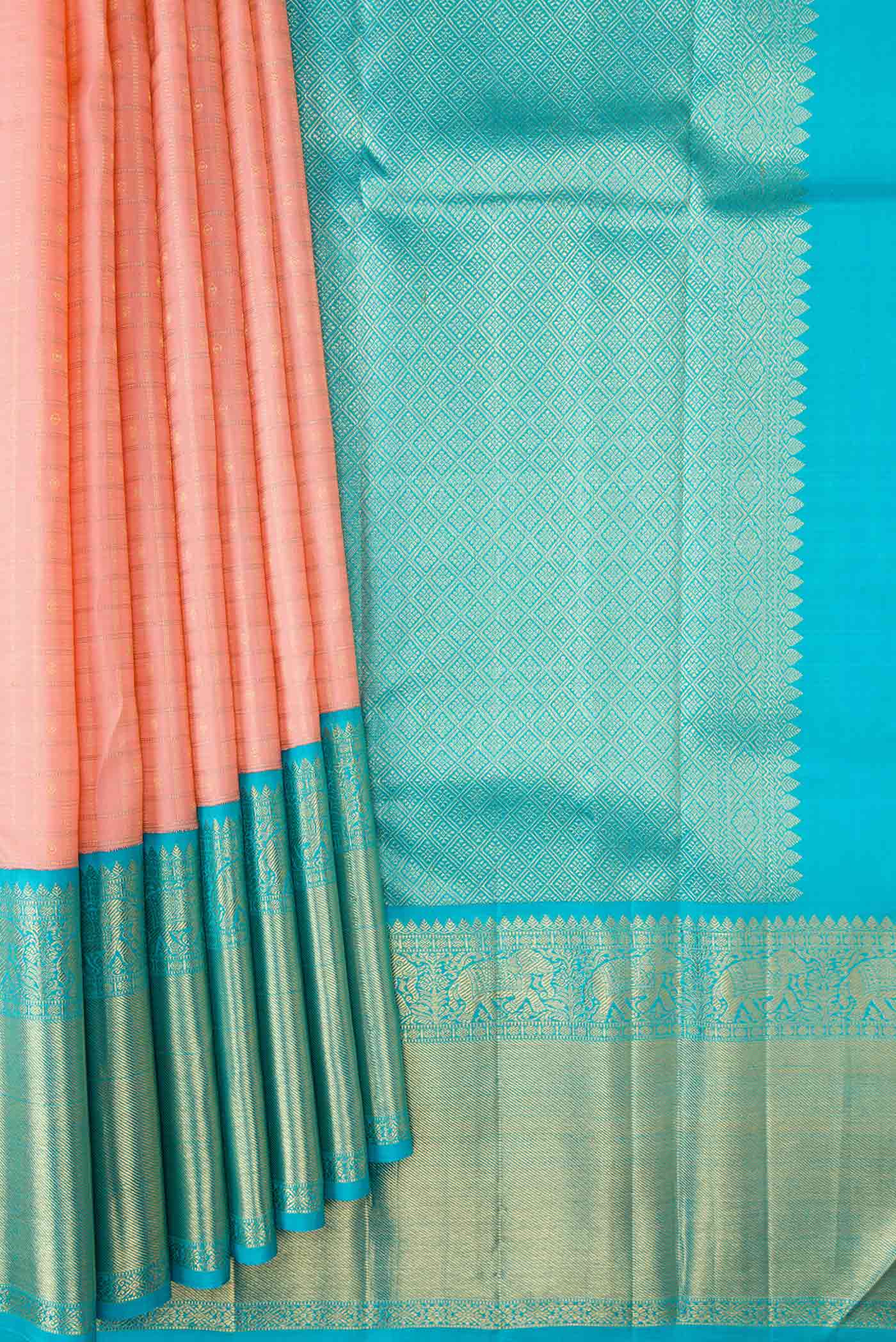 Pure Silk Pure Zari Peach Dual Tone Kanjivaram Saree - Image 4