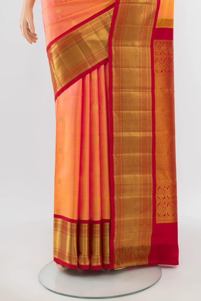 Coral with Yellow Color Kanchipuram Silk Saree - Image 3