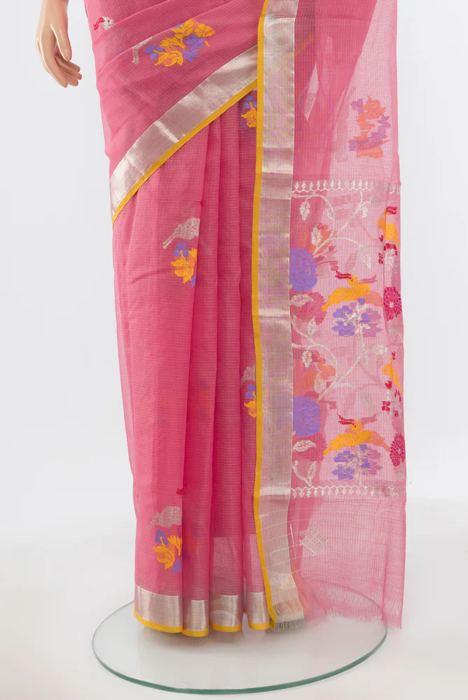 Pure Silk Pure Zari Rose pink Kota Saree - Image 3