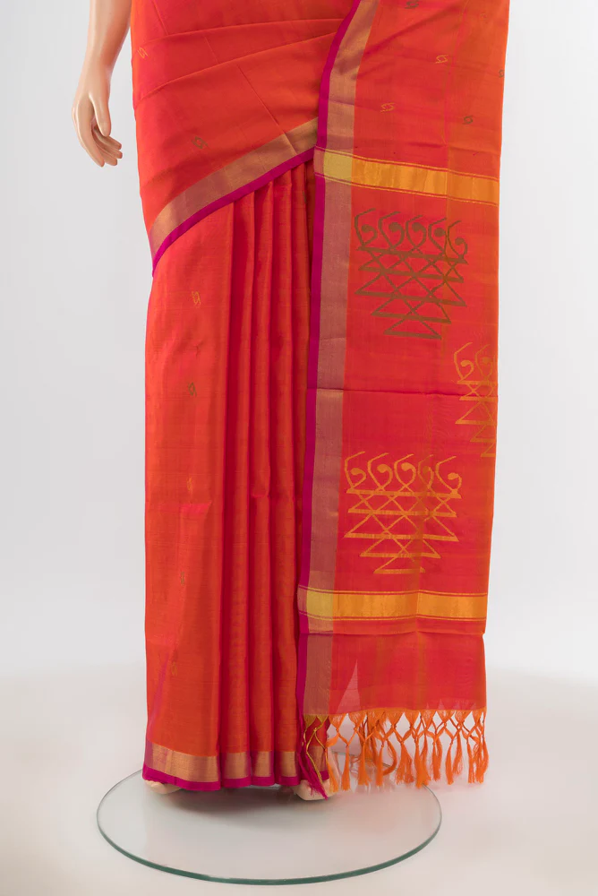 Pure Silk Pure Zari Orange with Pink Color Uppada Saree - Image 3