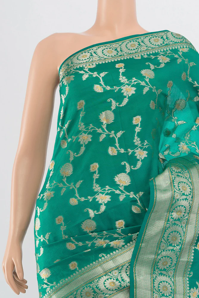 Teal Banarasi Raw Silk Saree - Image 2