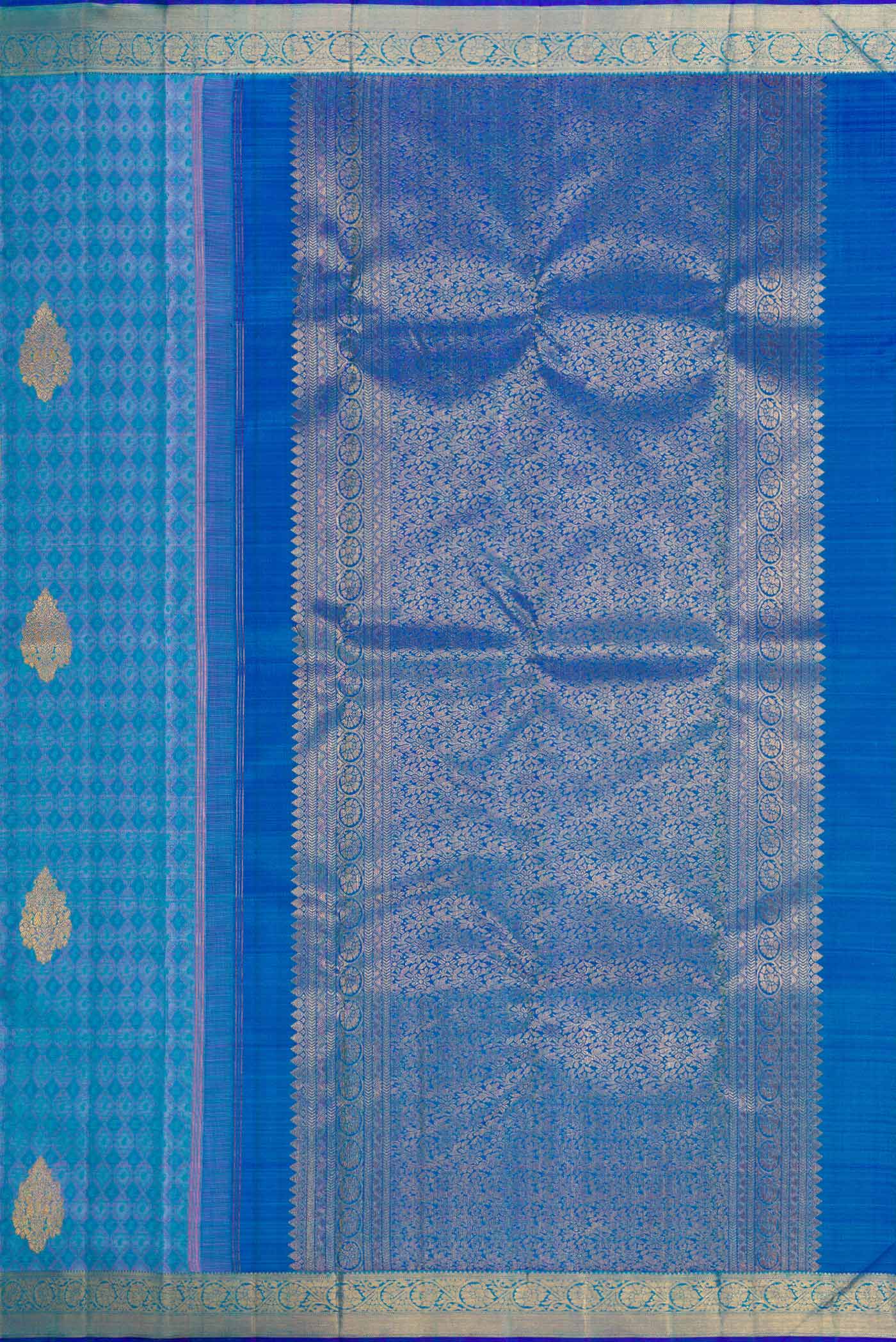Pure Silk Pure Zari Peacock Blue Dual Tone Kanchipuram Saree - Image 7