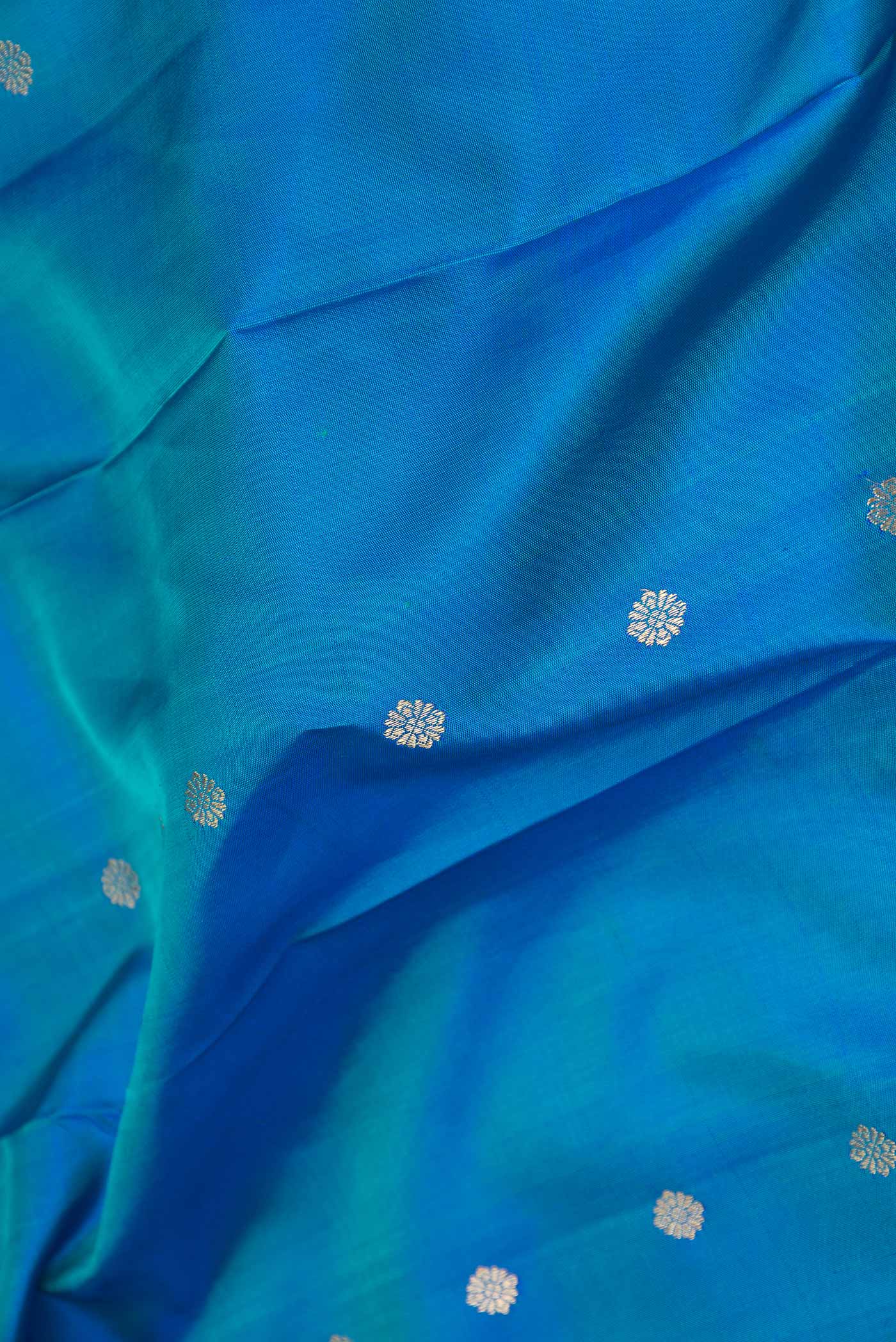 Pure Silk Pure Zari Peacock Blue Dual Tone Kanjivaram Saree - Image 2