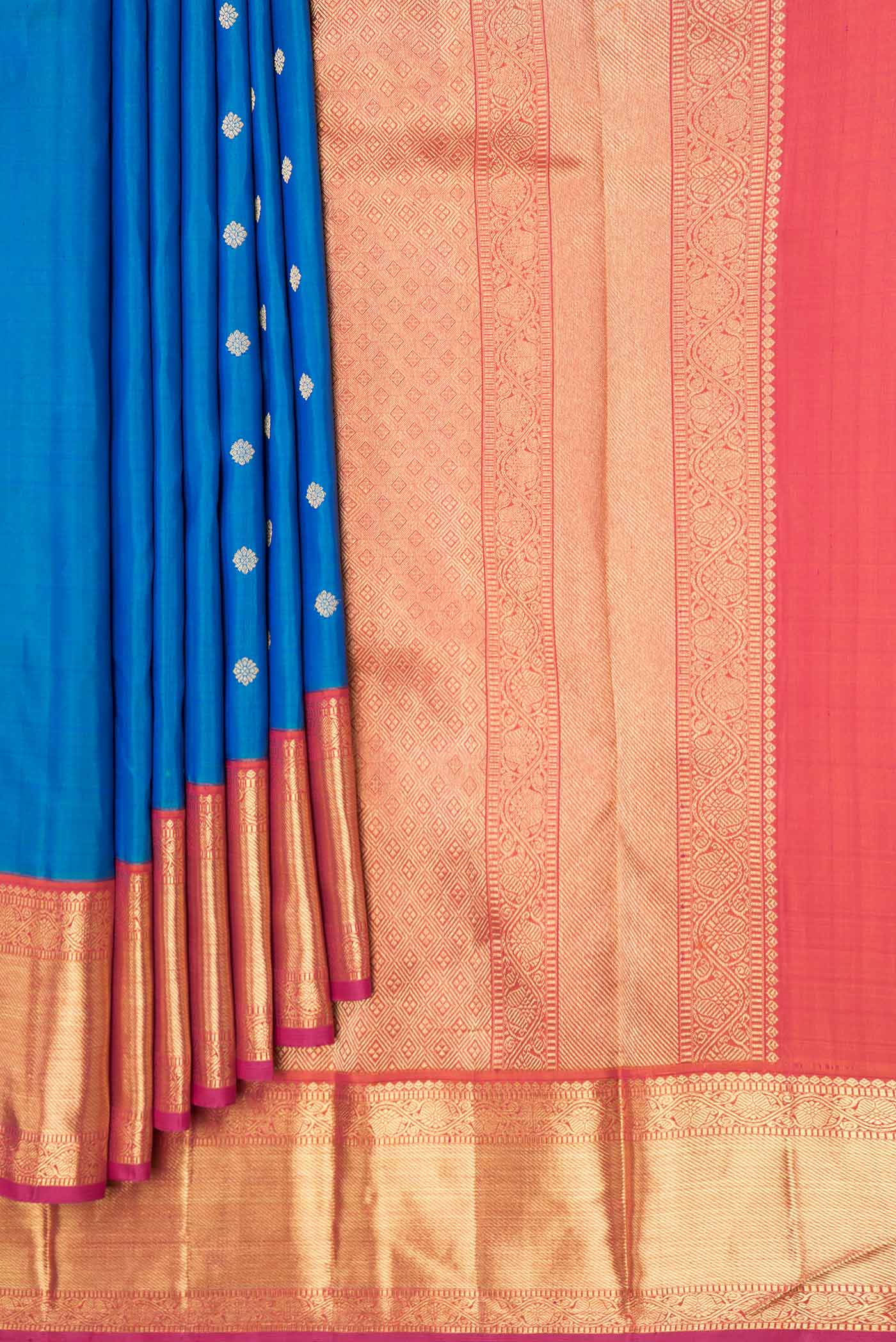 Pure Silk Pure Zari Peacock Blue Dual Tone Kanjivaram Saree - Image 4