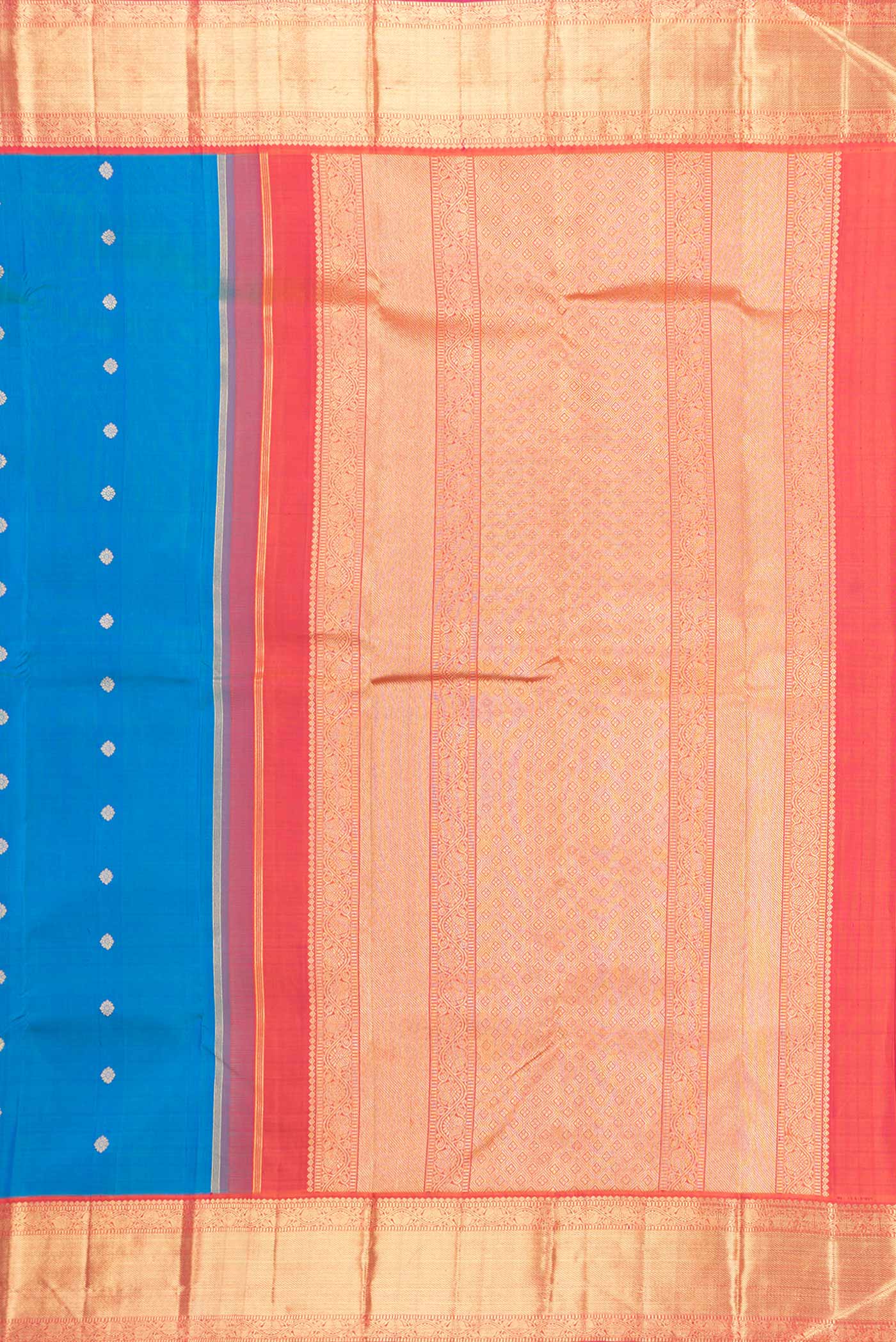 Pure Silk Pure Zari Peacock Blue Dual Tone Kanjivaram Saree - Image 7