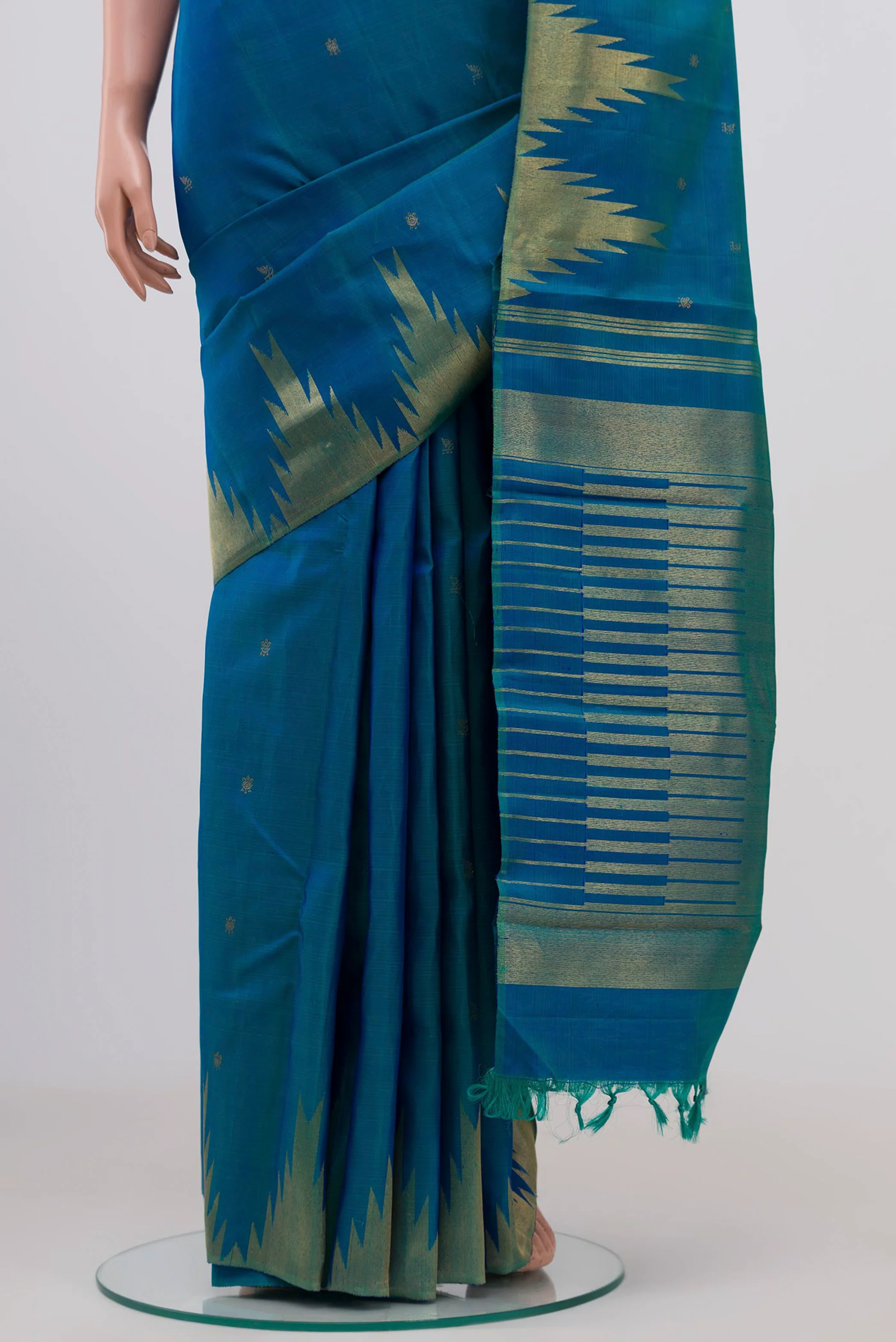 Pure Silk Pure Zari Peacock Blue Kanchipuram Saree - Image 3