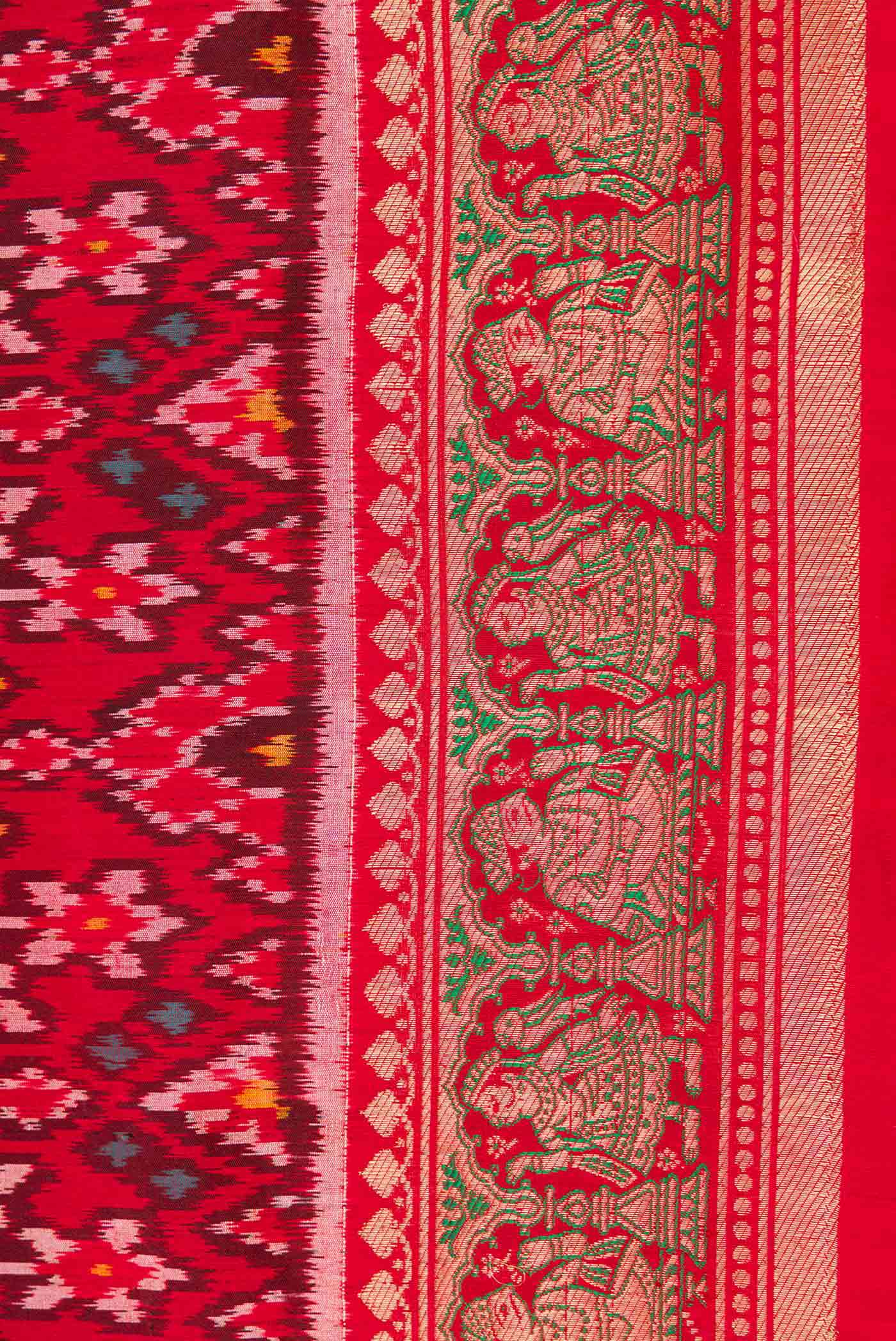 Pure Silk Pure Zari Red Dual Tone Double Ikat Saree - Image 3