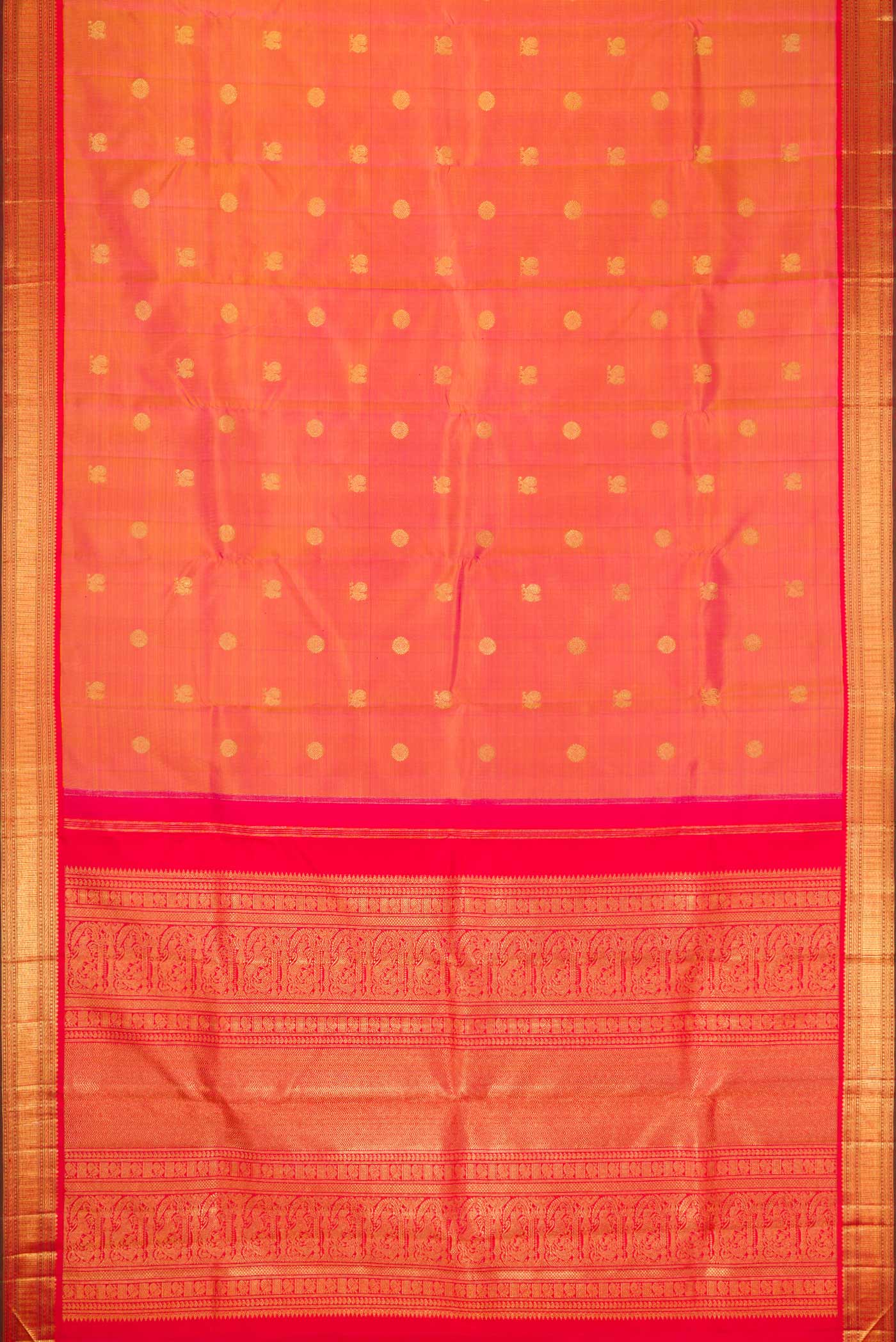 Pure Silk Pure Zari Pinkish Yellow Dual Tone Kanjivaram Saree - Image 6