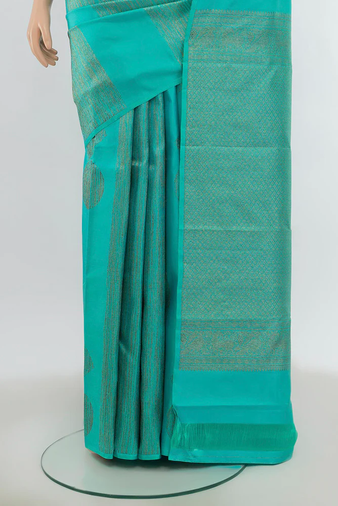 Turquoise Kanchipuram Silk Saree - Image 3