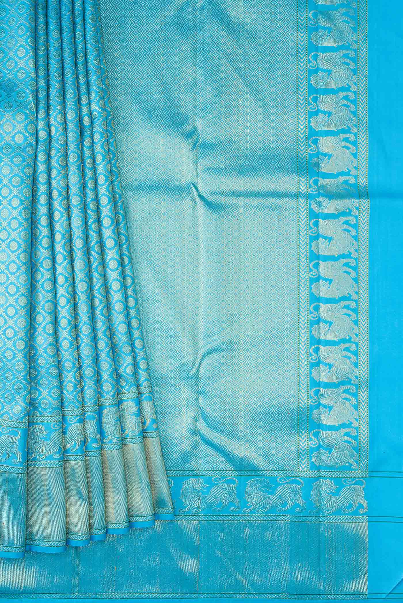 Pure Silk Pure Zari Sky Blue Dual Tone Kanjivaram Saree - Image 4