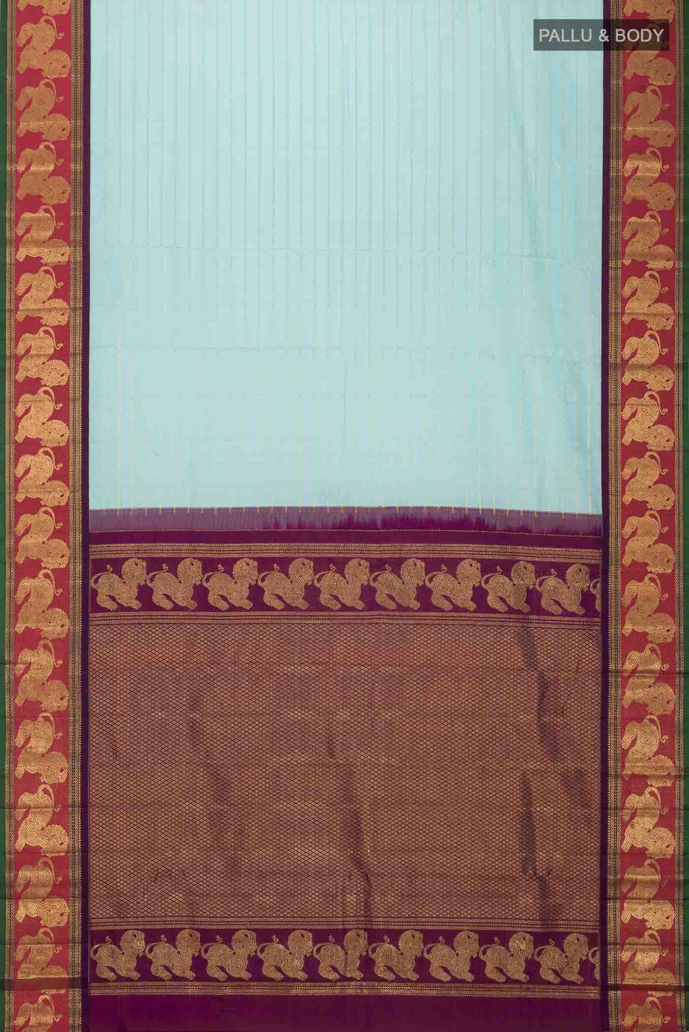 Pure Silk Pure Zari Turquoise Kanchipuram Saree - Image 6