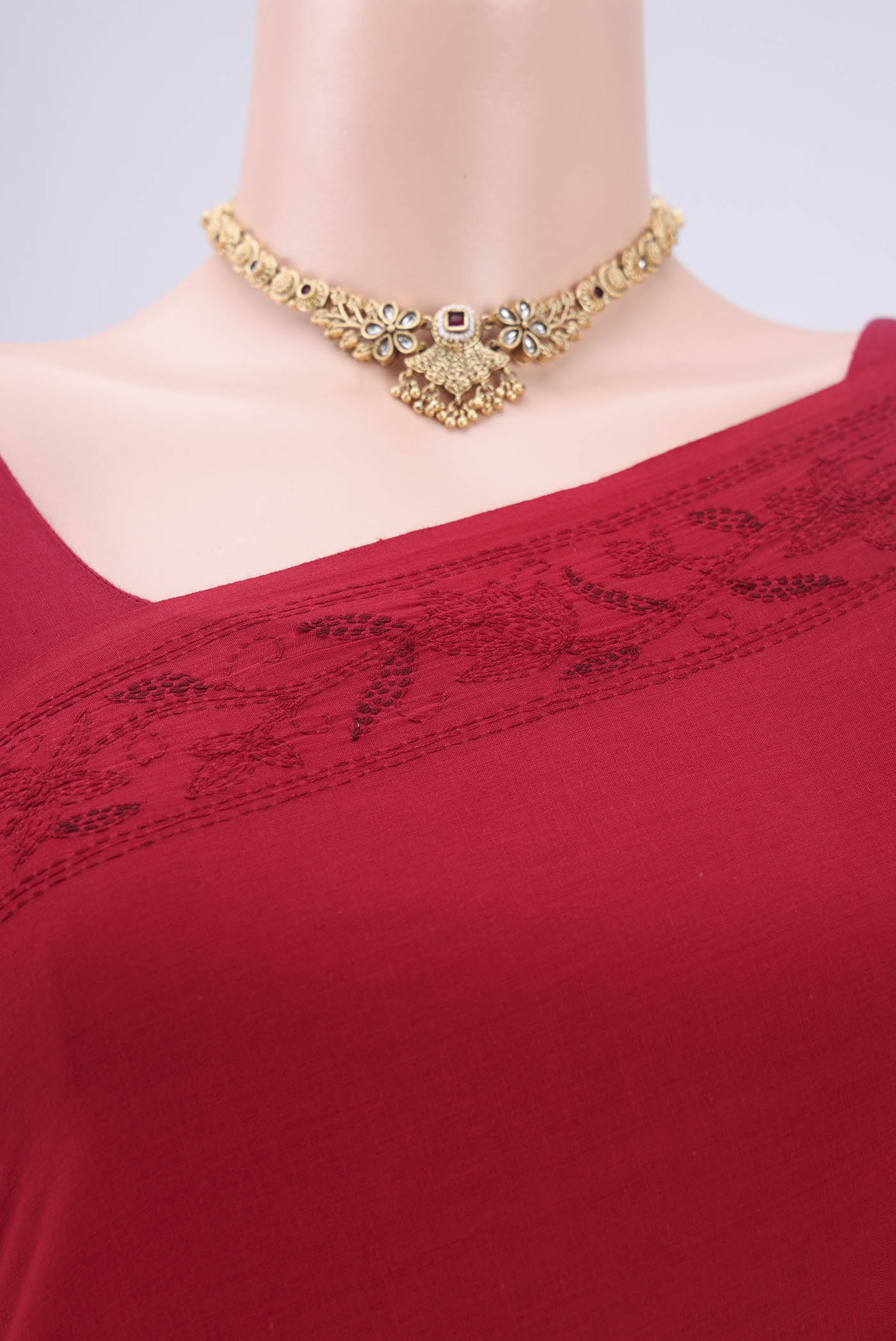 Red Bengal Cotton - Kantha Saree - Image 2