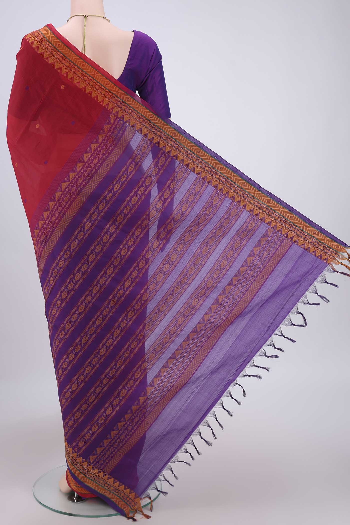 Red Blended Poly Cotton Saree - Image 3