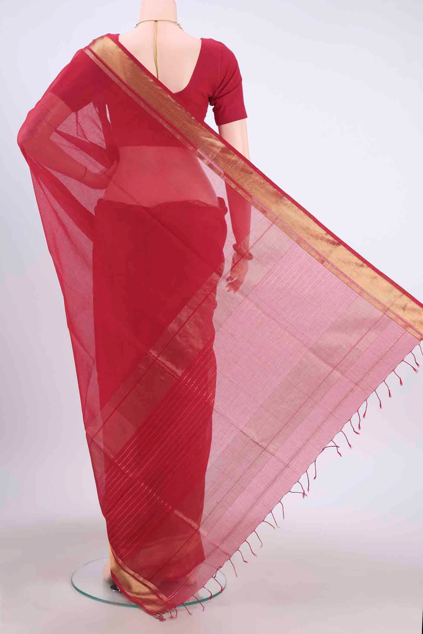 Red Maheshwari Silk Cotton Saree - Image 3