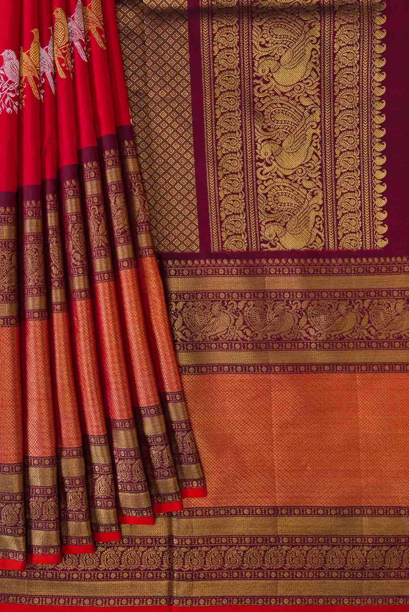 Pure Silk Pure Zari Red Double Ikat Saree - Image 2
