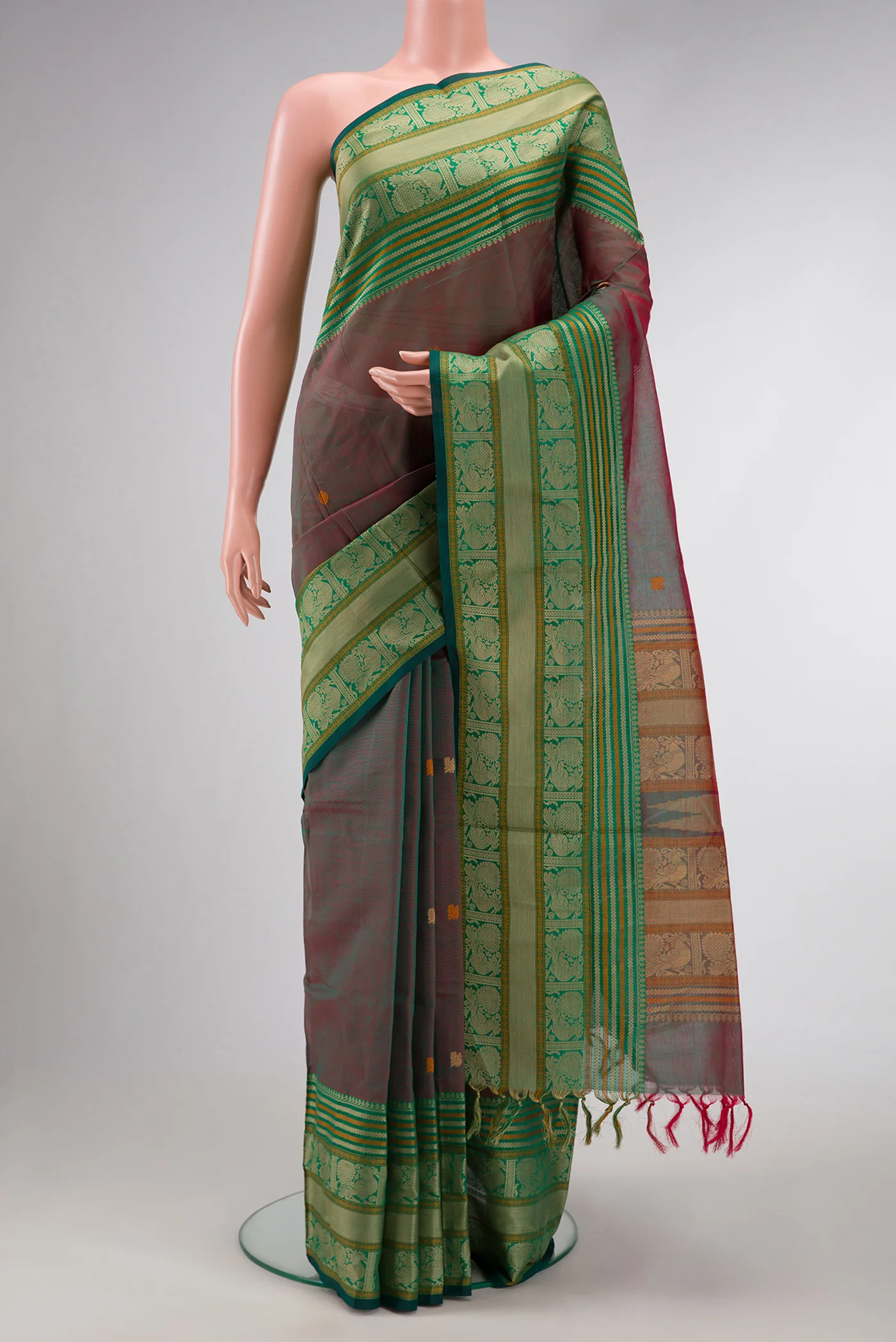 Green with Red Color Silk Cotton Saree