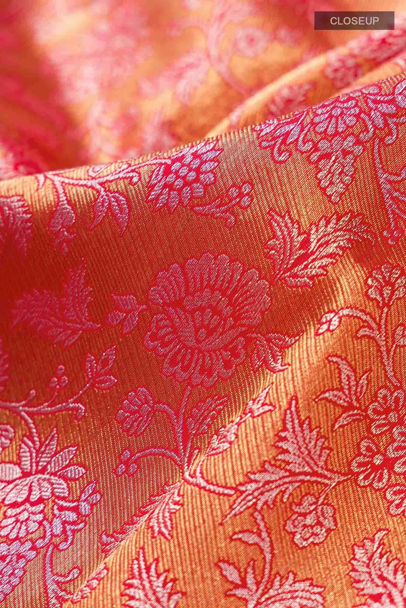 Pure Silk Pure Zari Orange with Gold Color Kanjivaram Saree - Image 3
