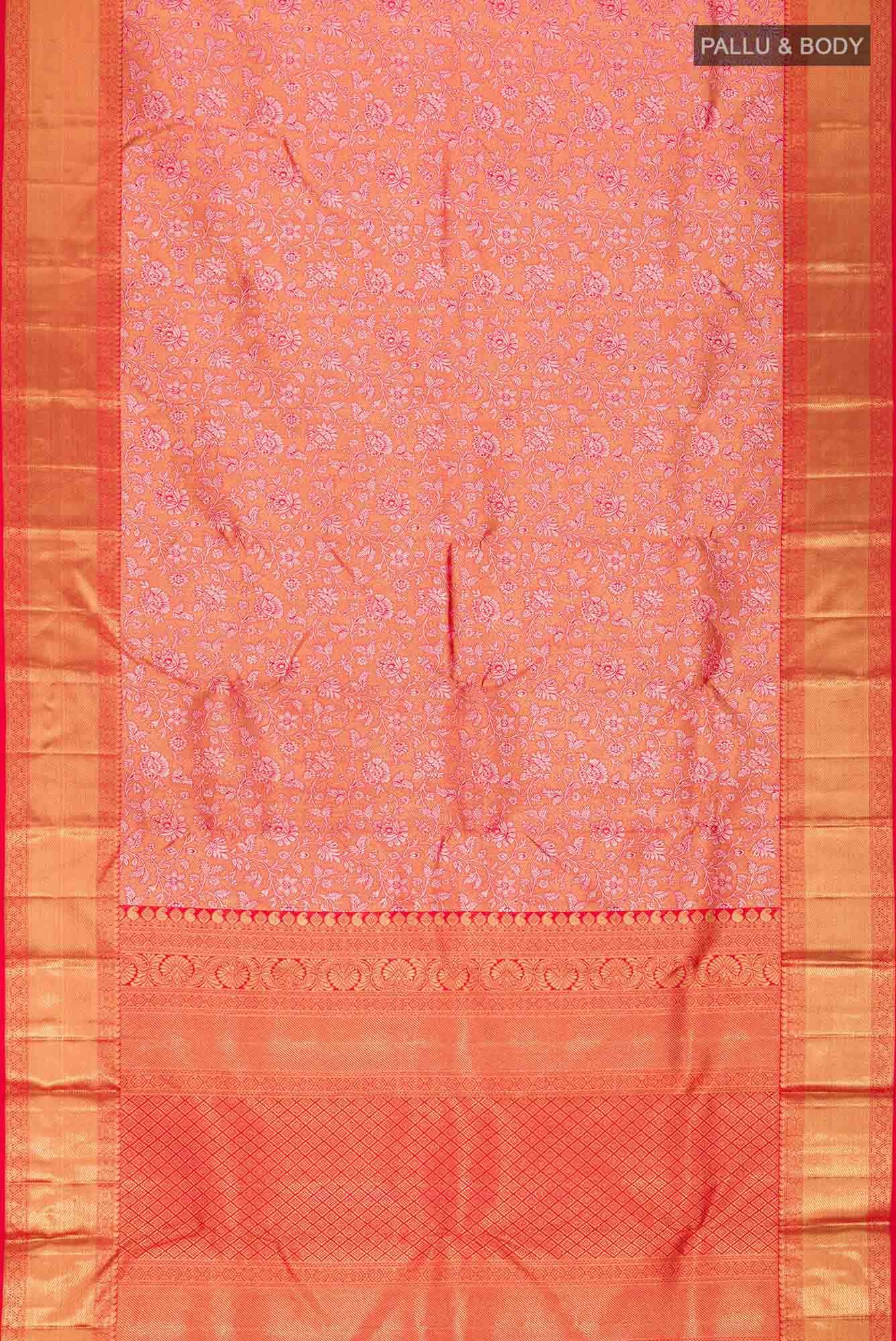 Pure Silk Pure Zari Orange with Gold Color Kanjivaram Saree - Image 4