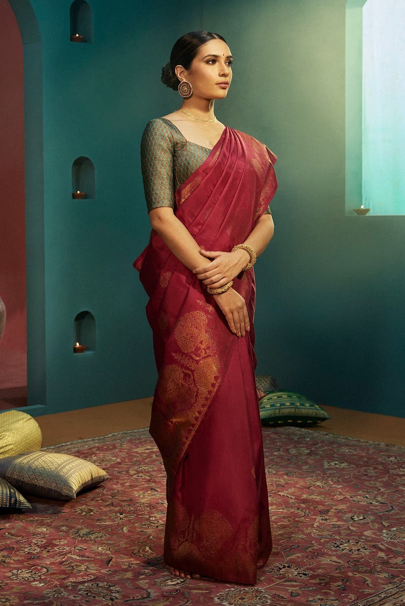 Gandaberunda-Red Kanchipuram Silk Saree - Image 7