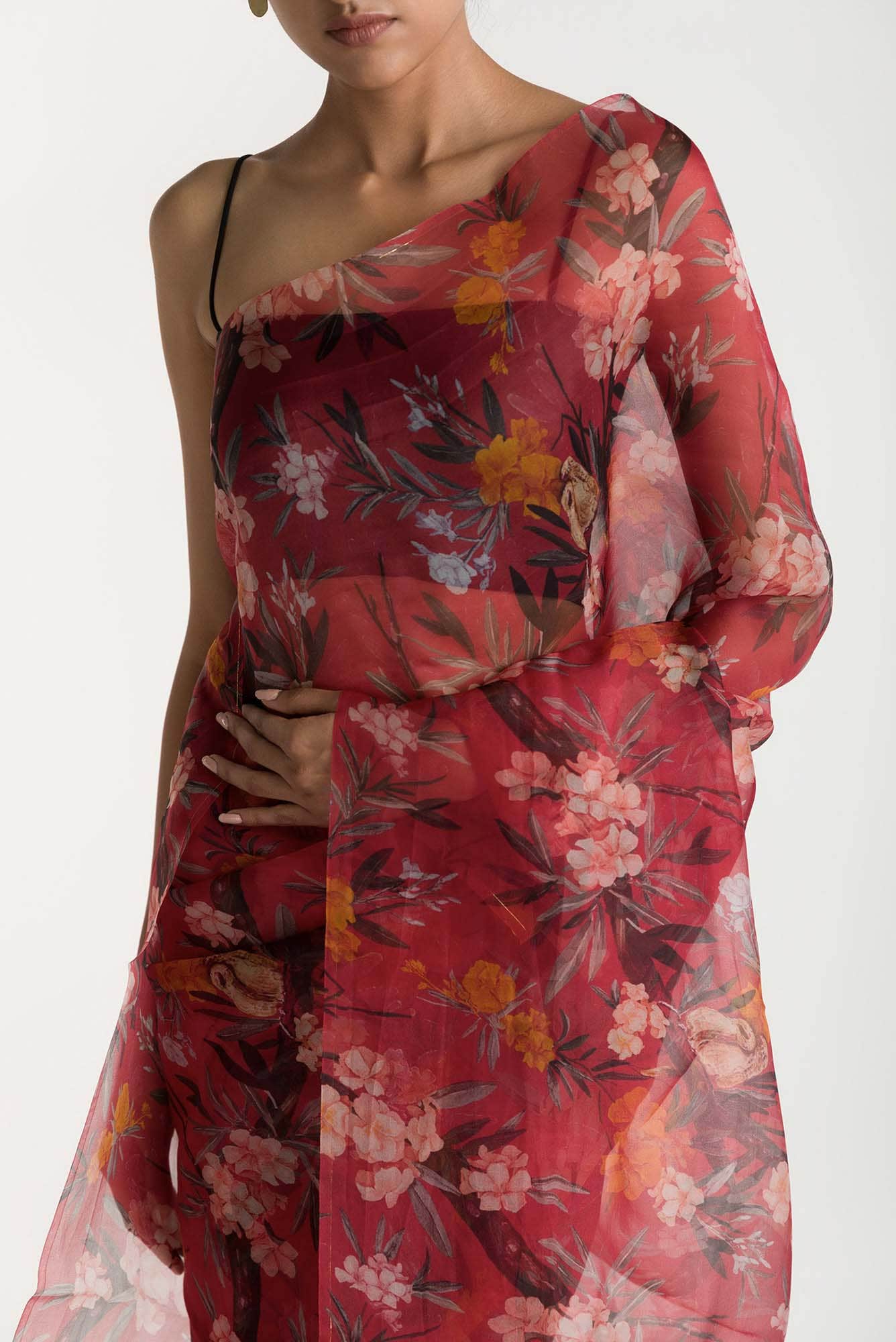 Tropical Parrots Red Pure Organza Silk Saree - Image 2