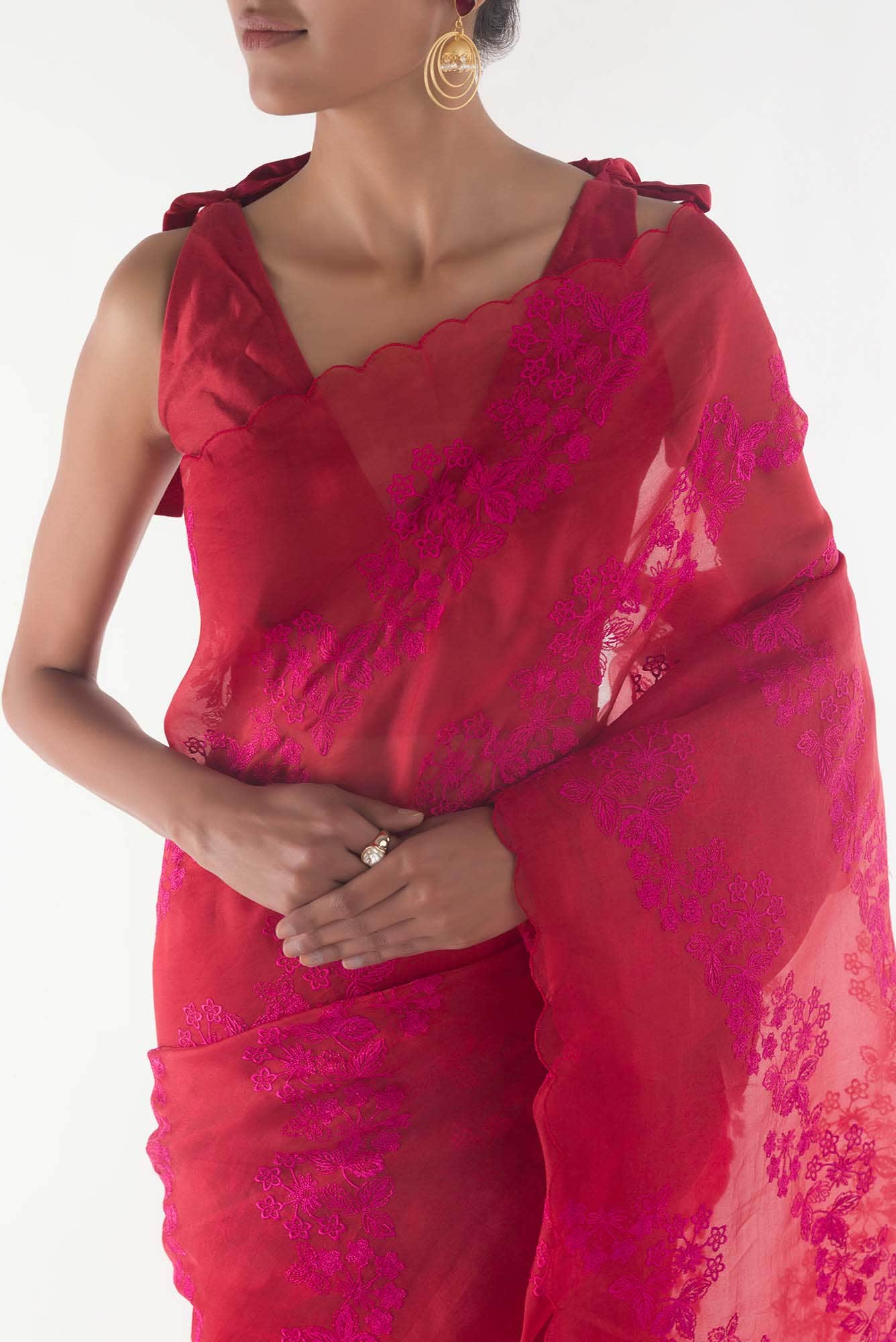 Bella Red floral design saree from Embroidered Romance Collection by Nalli - Image 3
