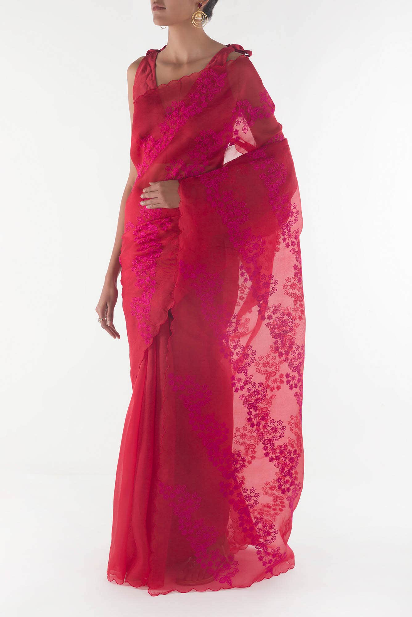Bella Red floral design saree from Embroidered Romance Collection by Nalli - Image 4