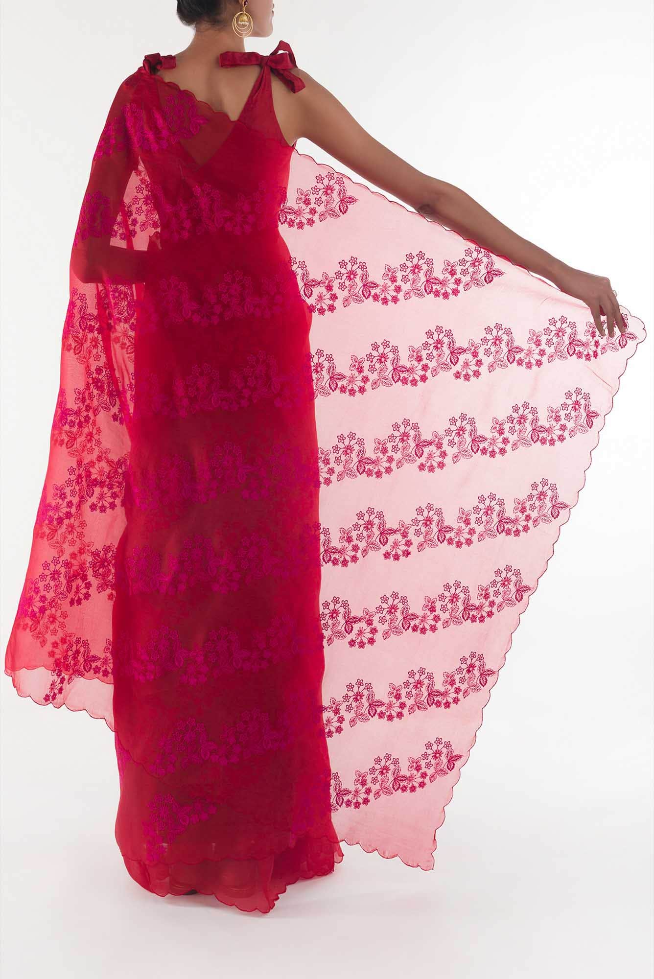 Bella Red floral design saree from Embroidered Romance Collection by Nalli - Image 5