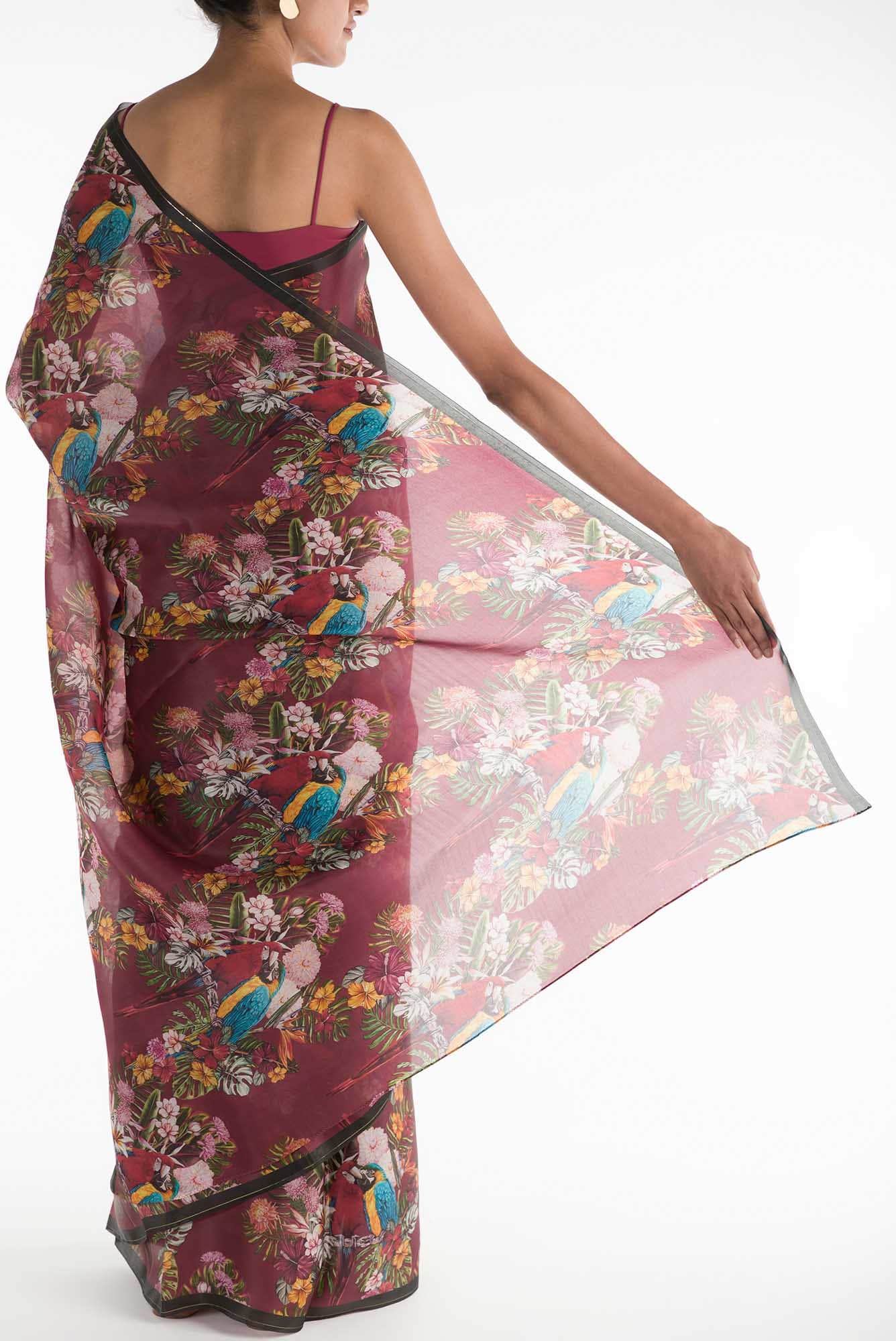 Lover Macaws Red Satin Organza Saree - Image 3