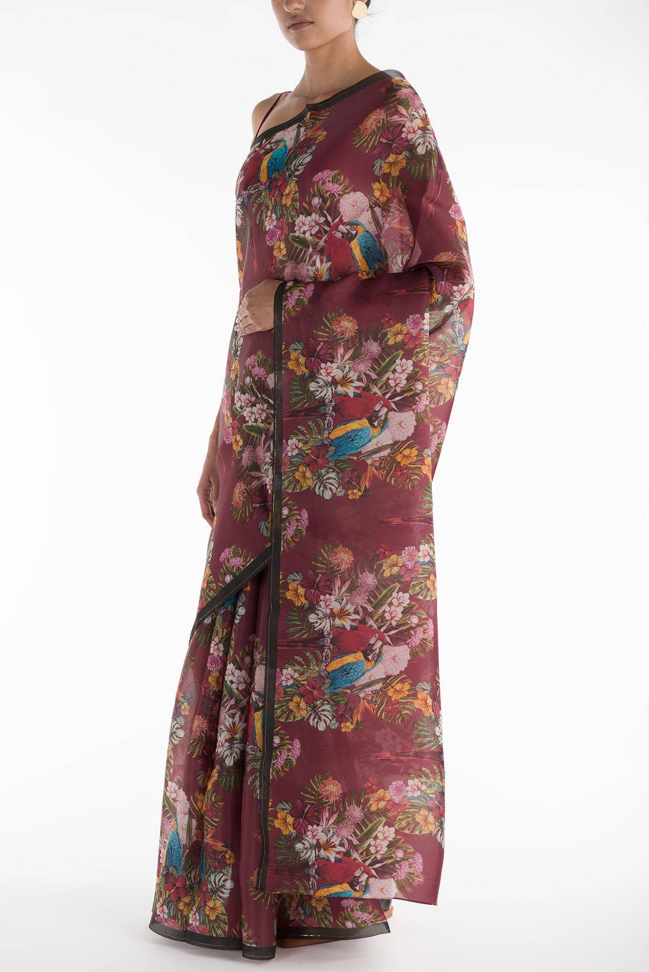 Lover Macaws Red Satin Organza Saree - Image 4