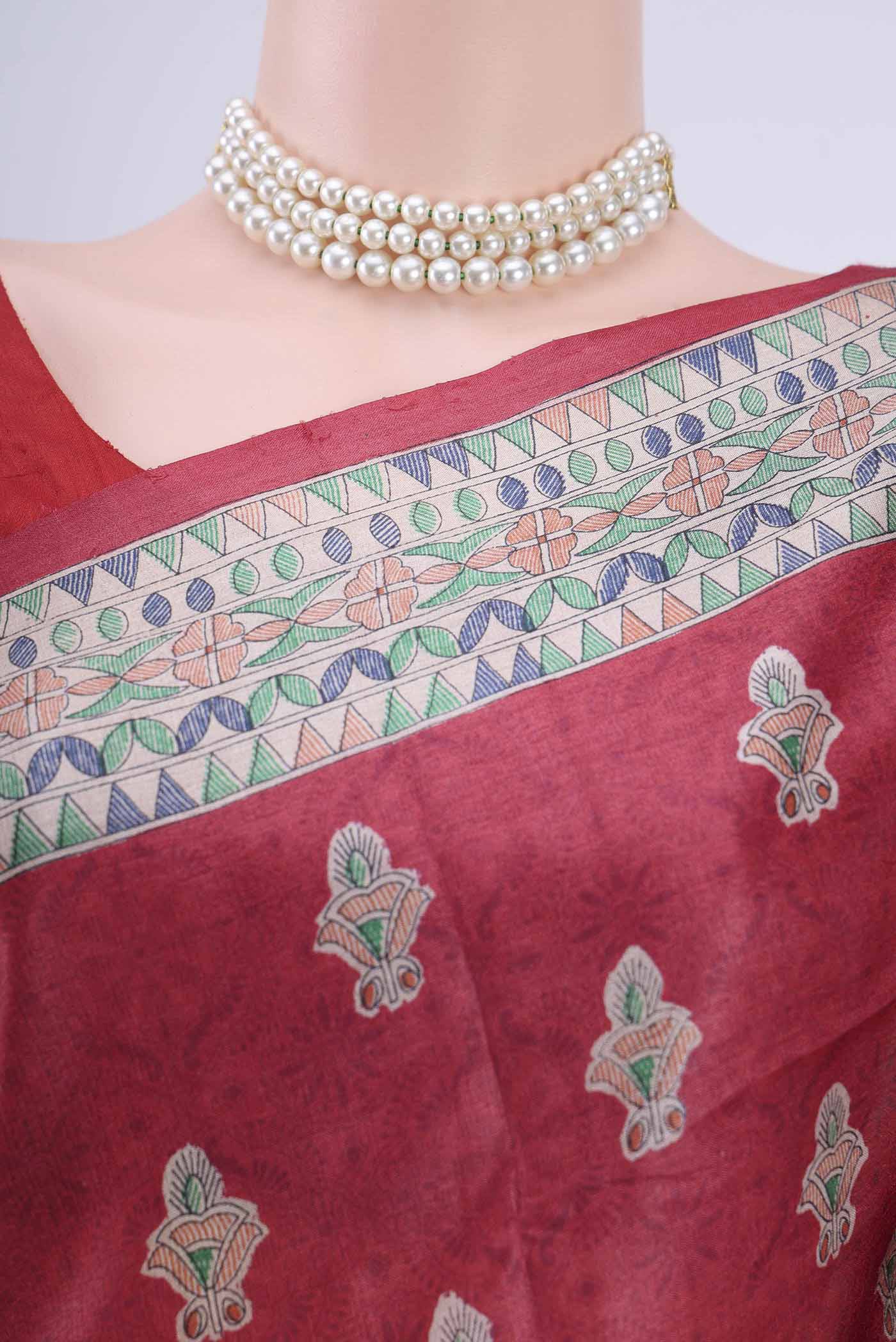 Red Tussar Silk Saree - Image 2