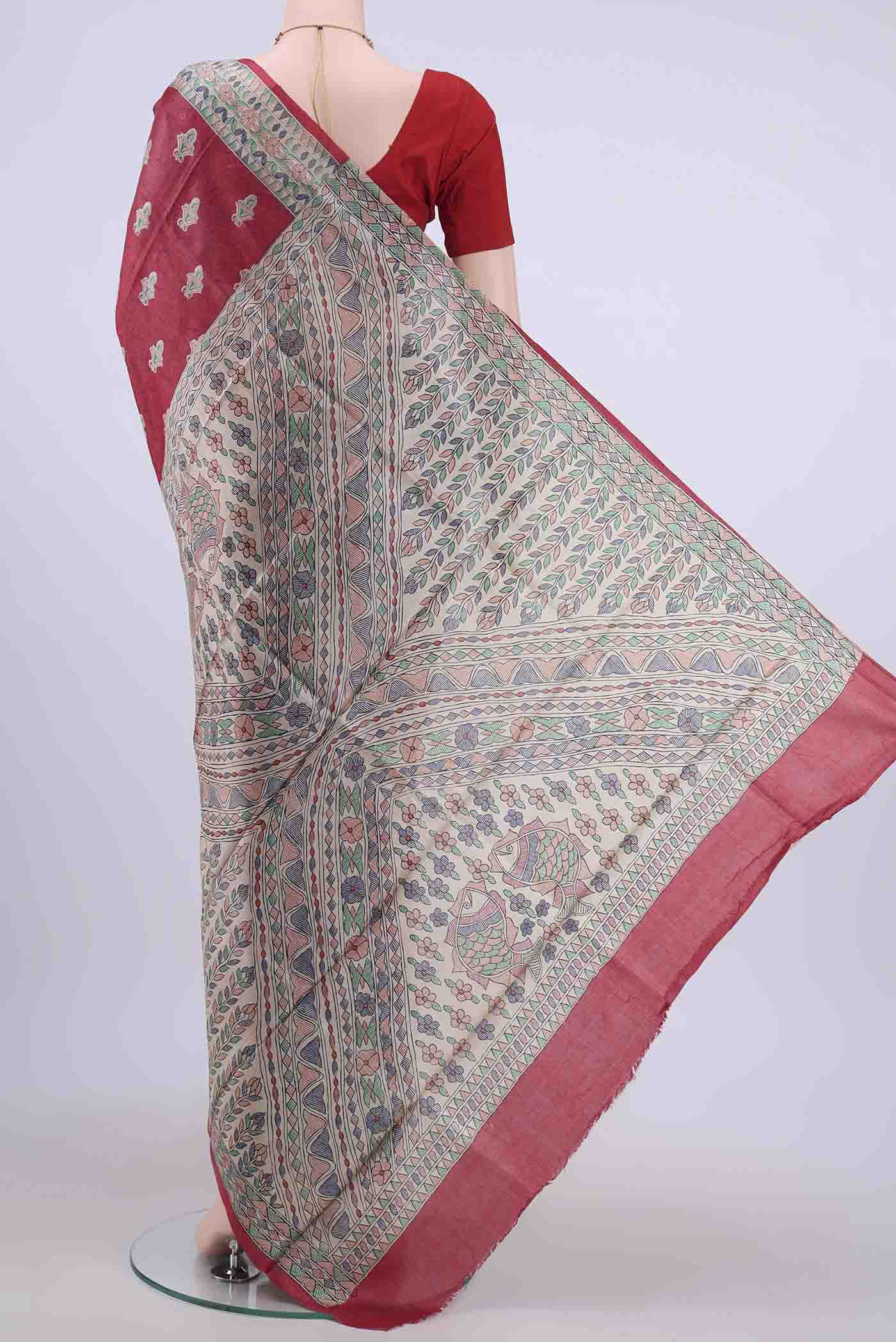 Red Tussar Silk Saree - Image 3
