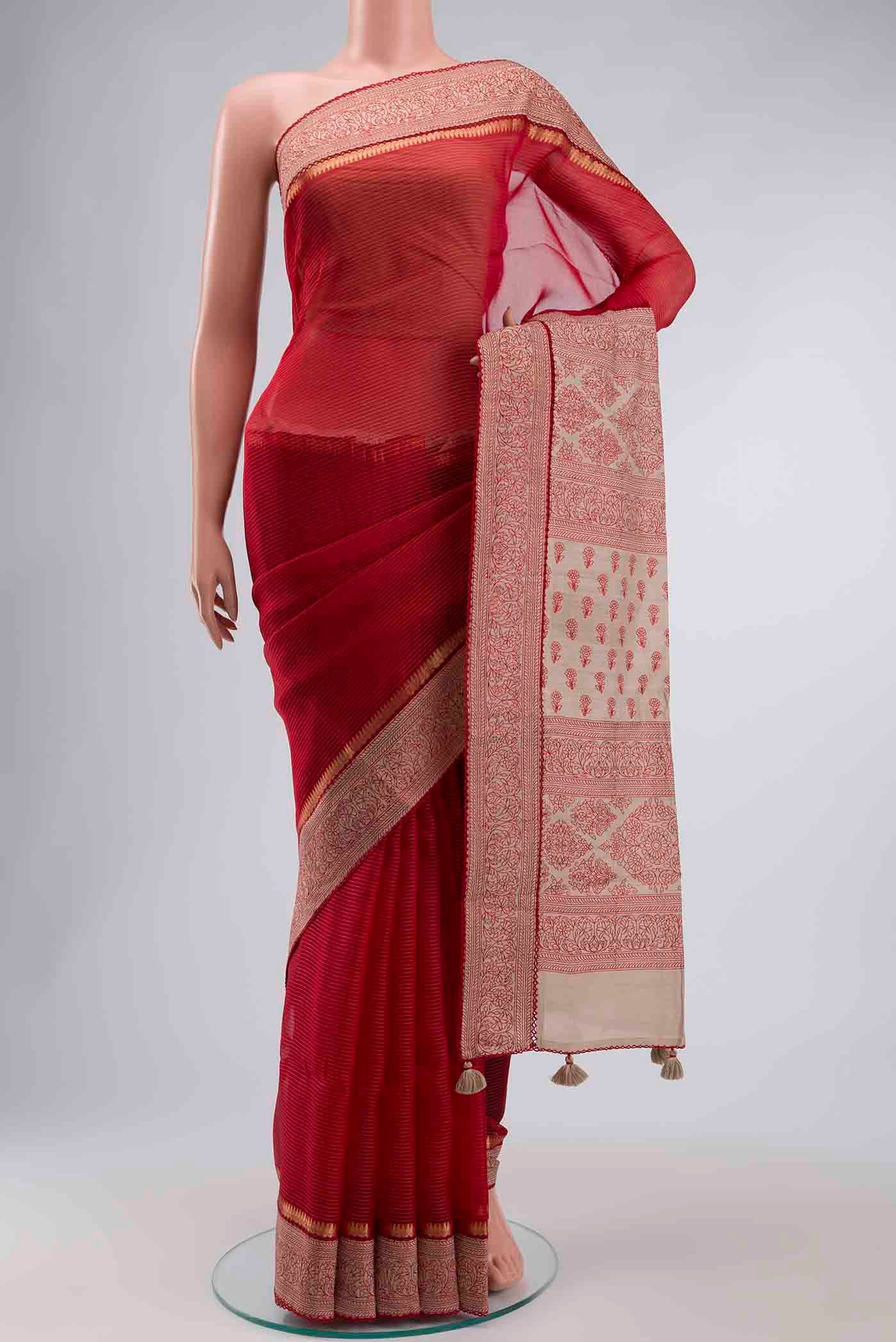 Red Tussar Silk Saree