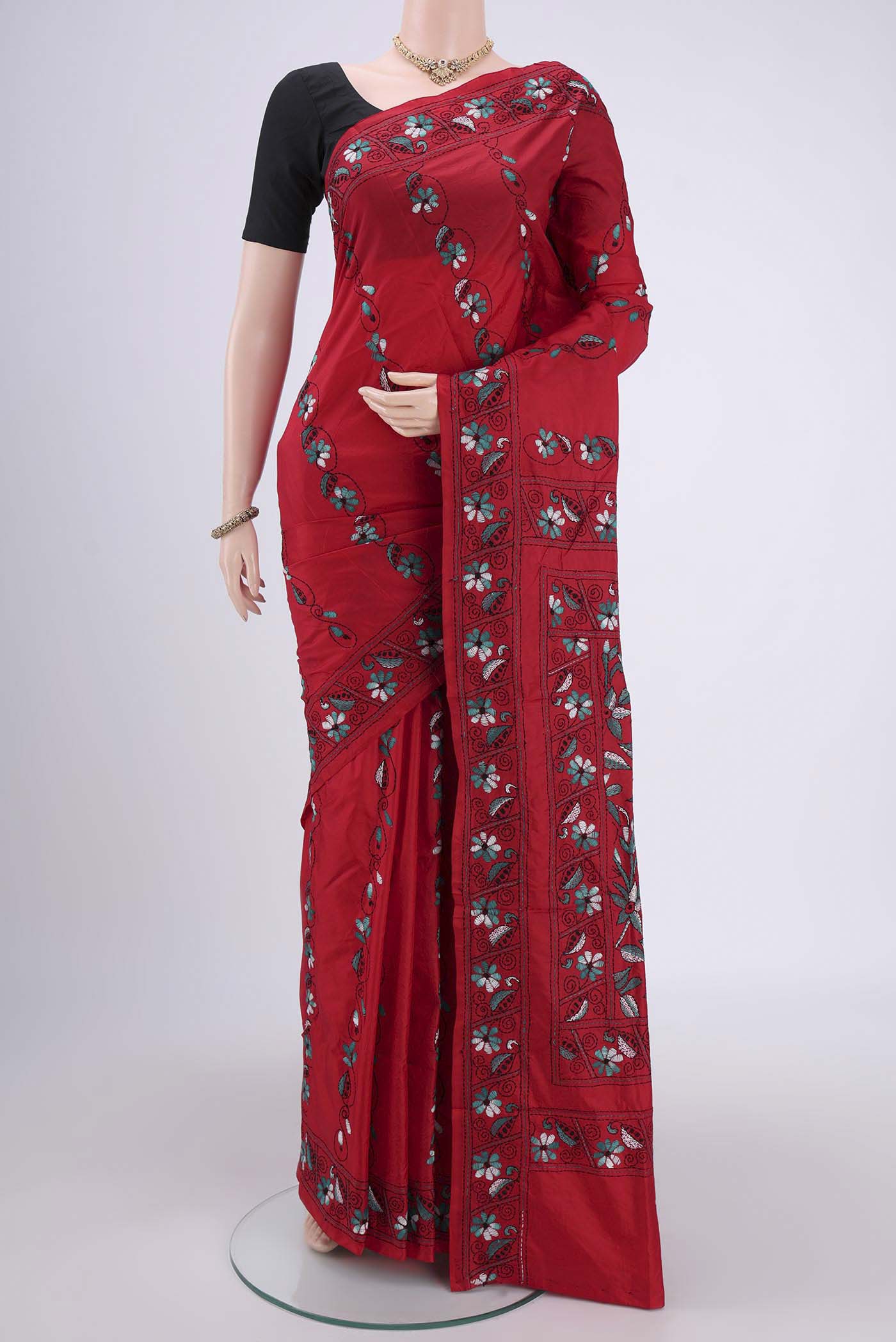 Red Kantha Silk Saree