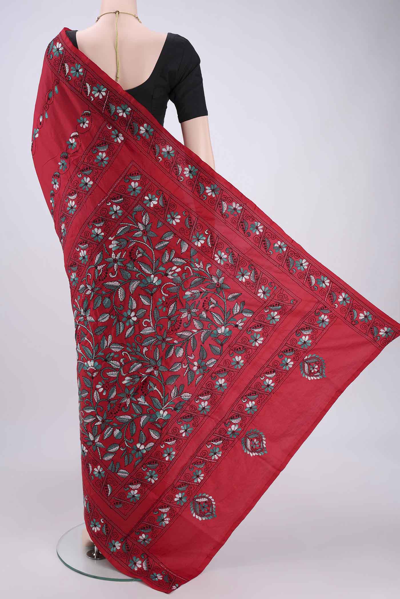 Red Kantha Silk Saree - Image 3