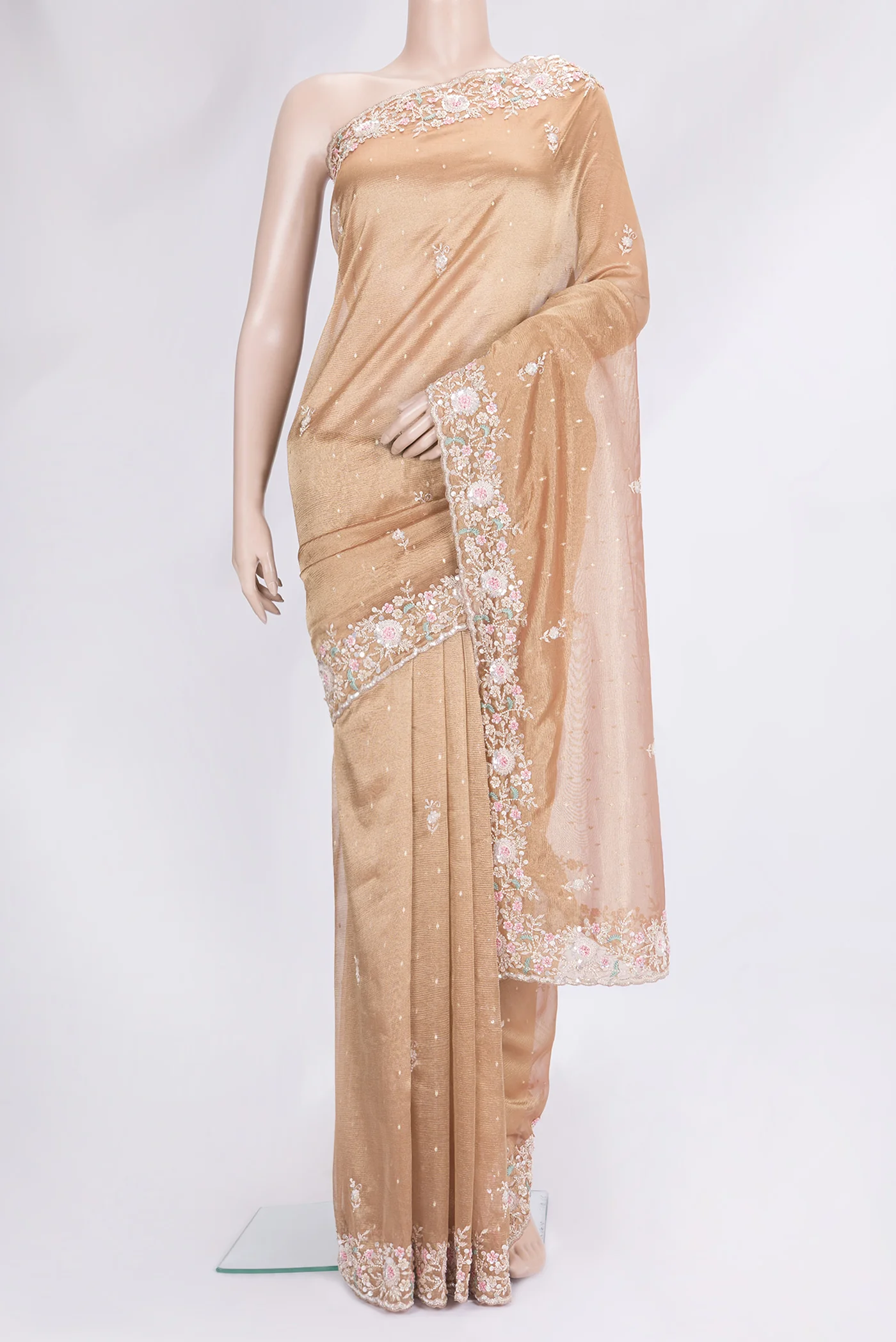 Golden Peach Organza Silk Saree