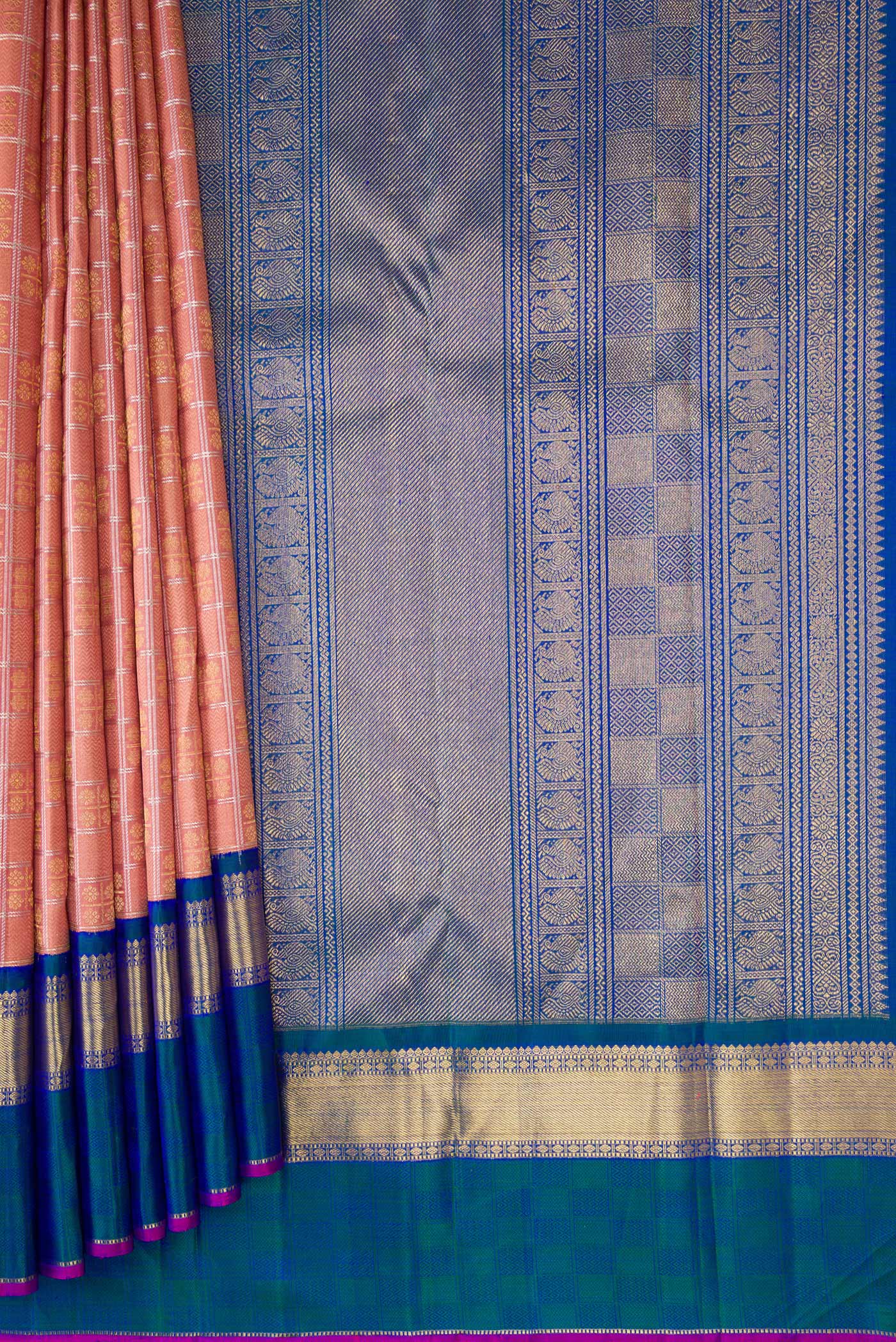 Pure Silk Pure Zari Rose Gold Kanjivaram Saree - Image 4