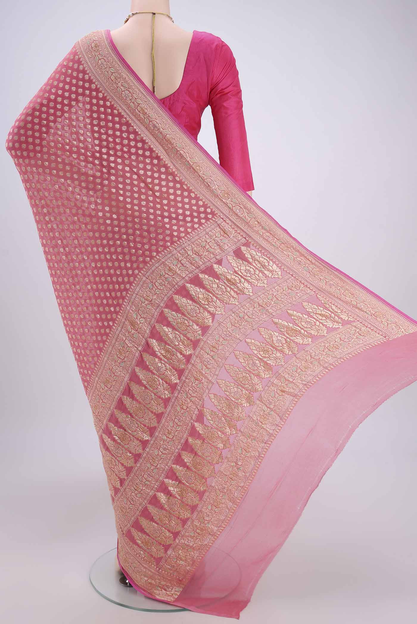 Rose pink Banarasi Georgette Saree - Image 3