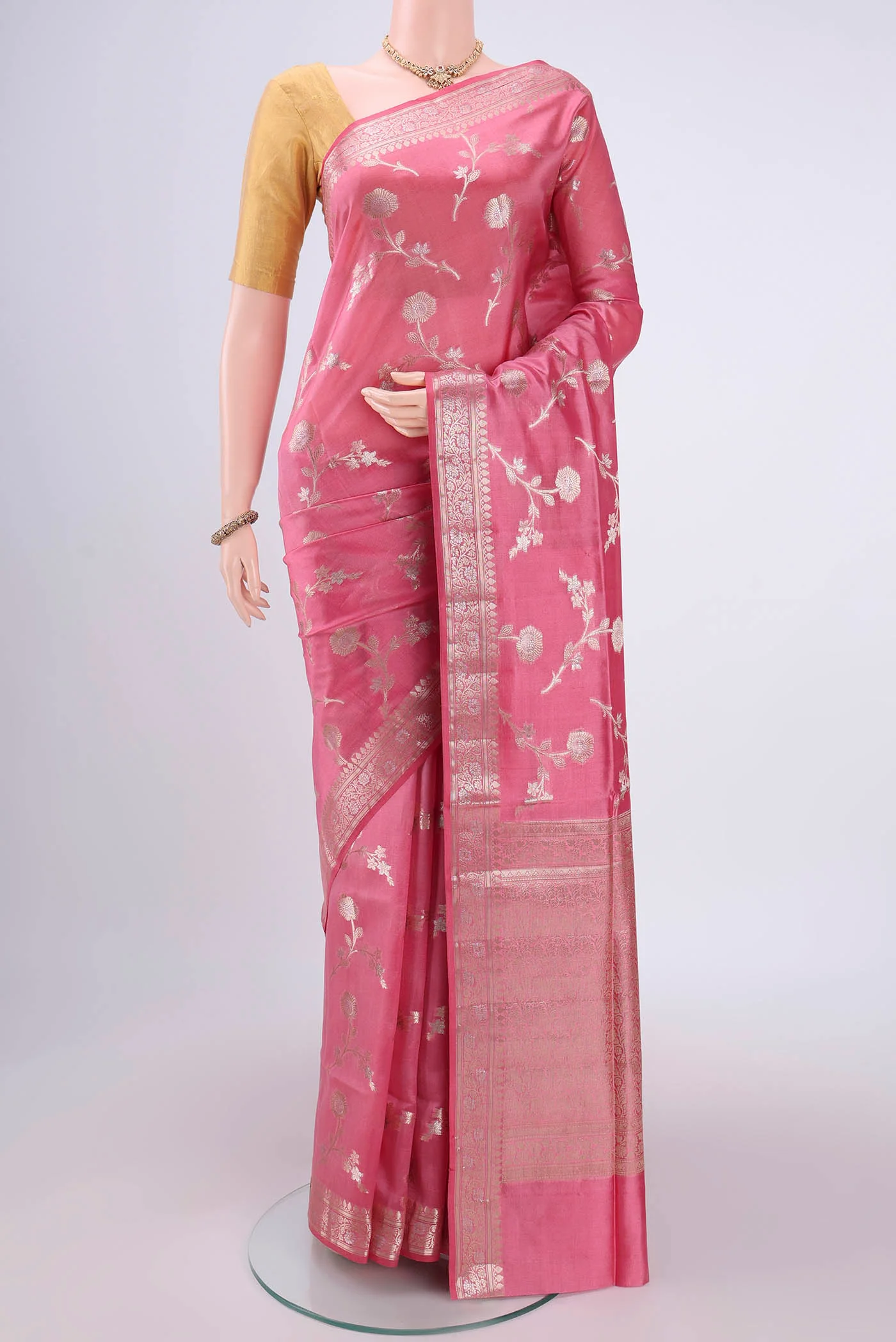 Rose pink Banarasi Raw Silk Saree