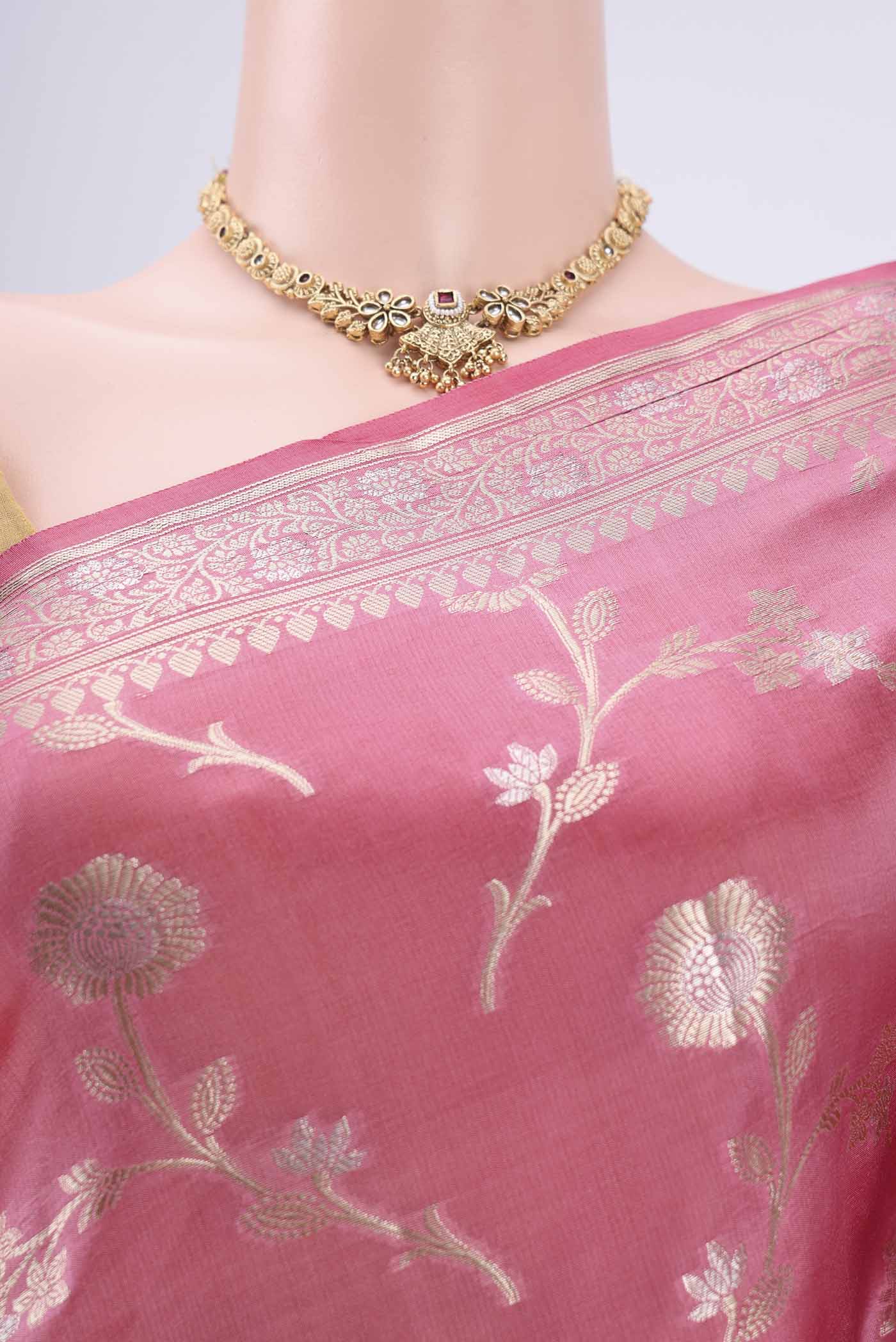Rose pink Banarasi Raw Silk Saree - Image 2