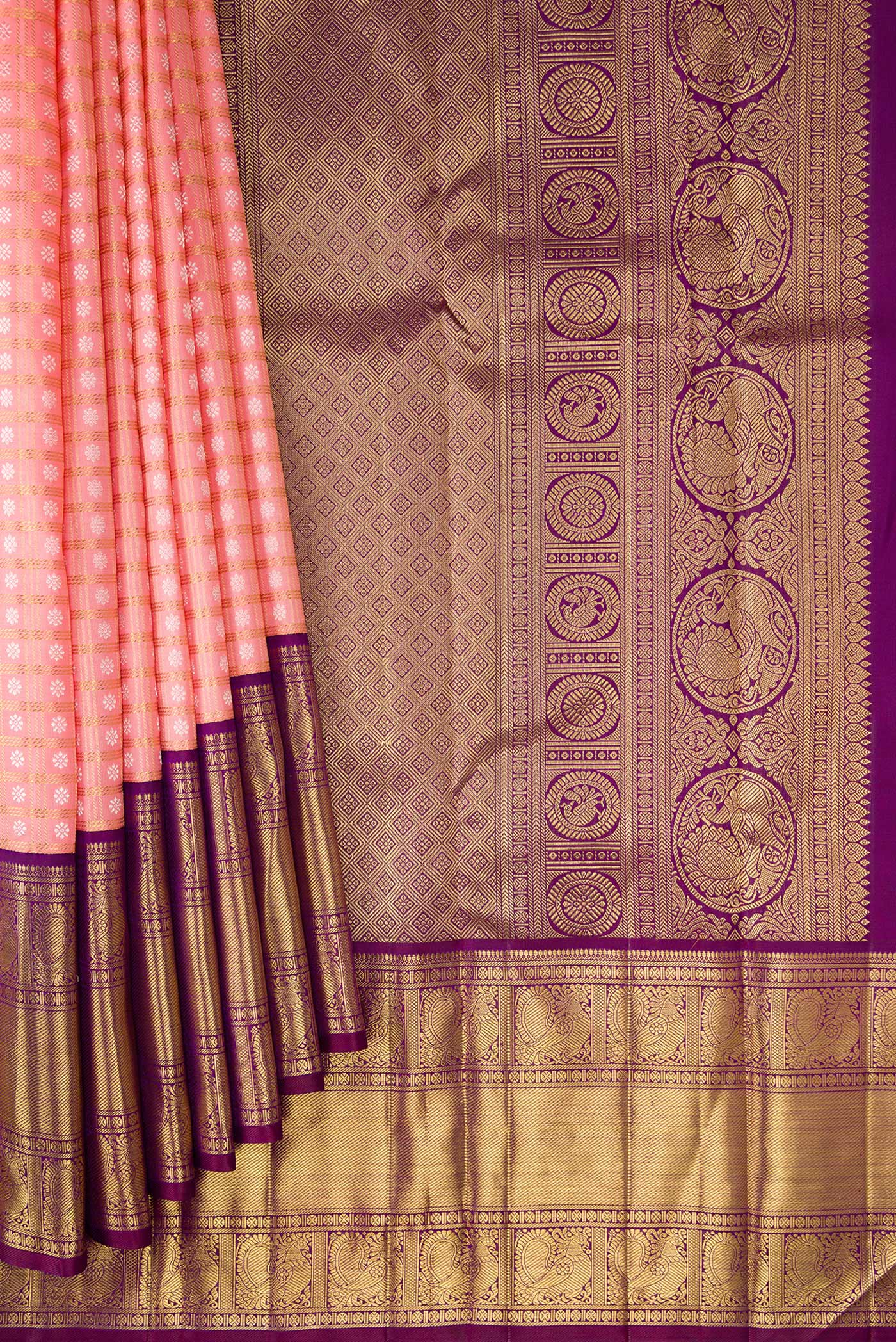 Pure Silk Pure Zari Rose pink Kanjivaram Saree - Image 4