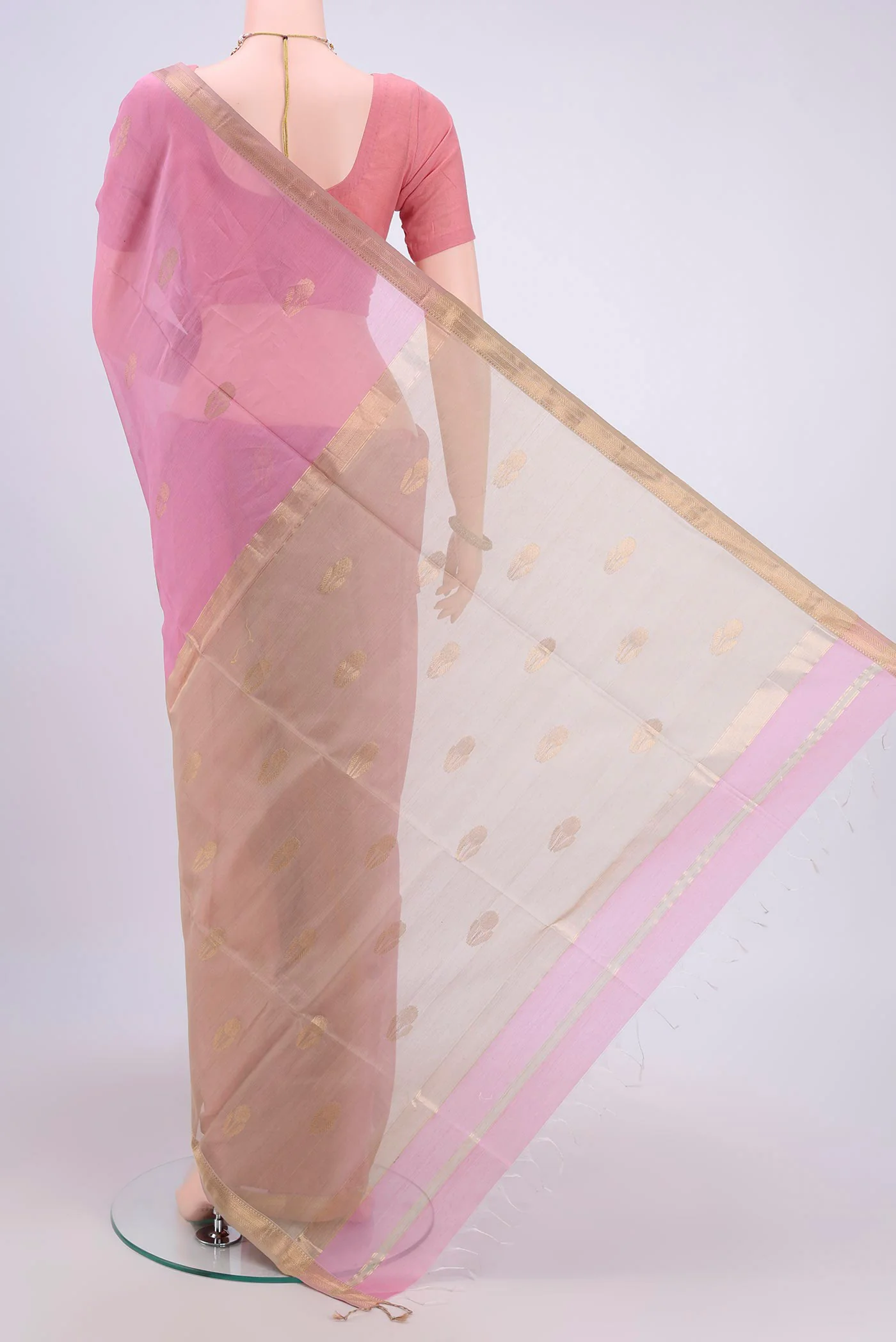 Rose pink Maheshwari Silk Cotton Saree - Image 3