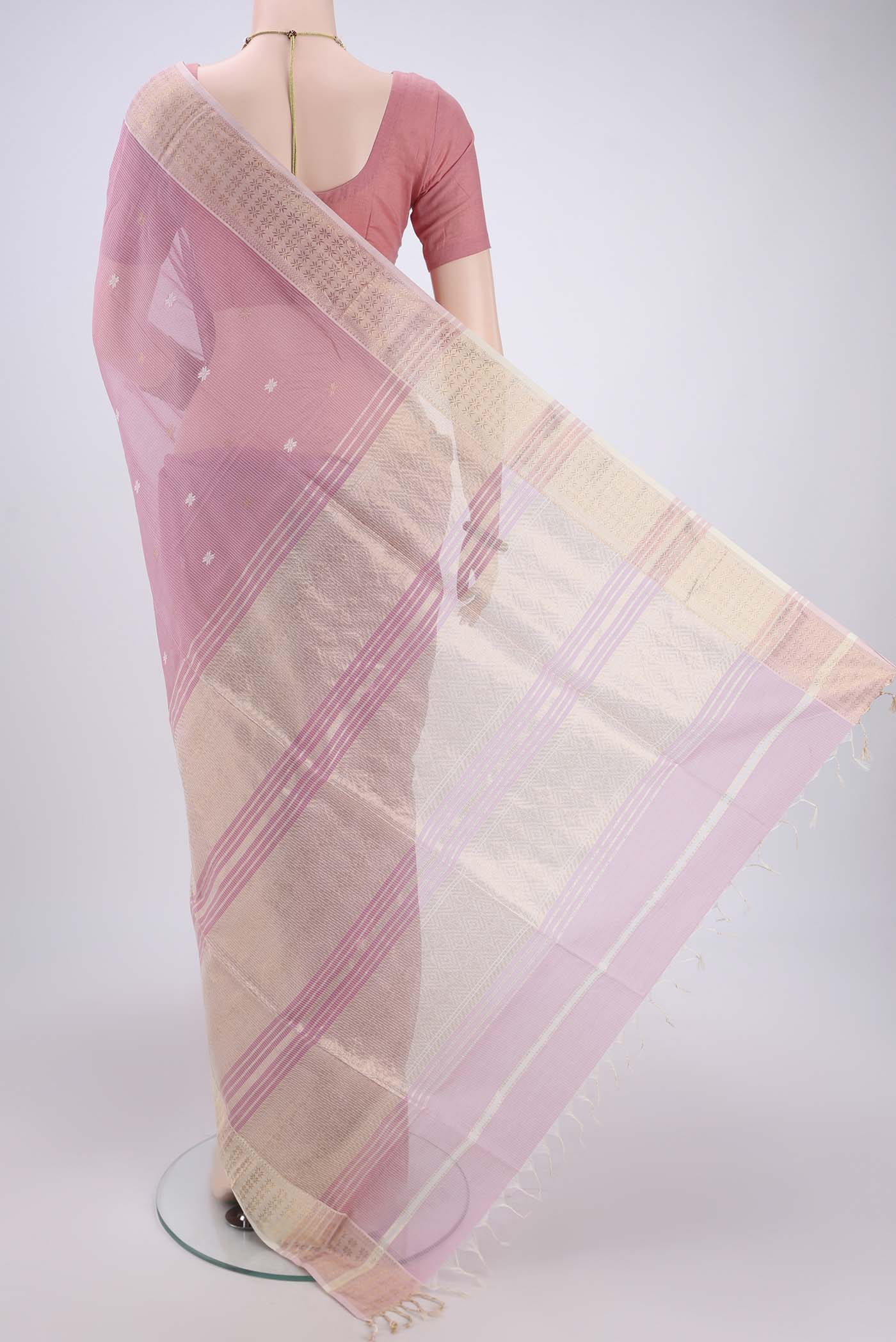 Rose pink Maheshwari Silk Cotton Saree - Image 3
