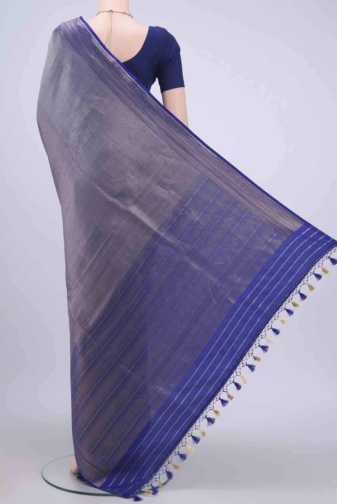 Royal Blue Dual Tone Banarasi Silk Saree - Image 3