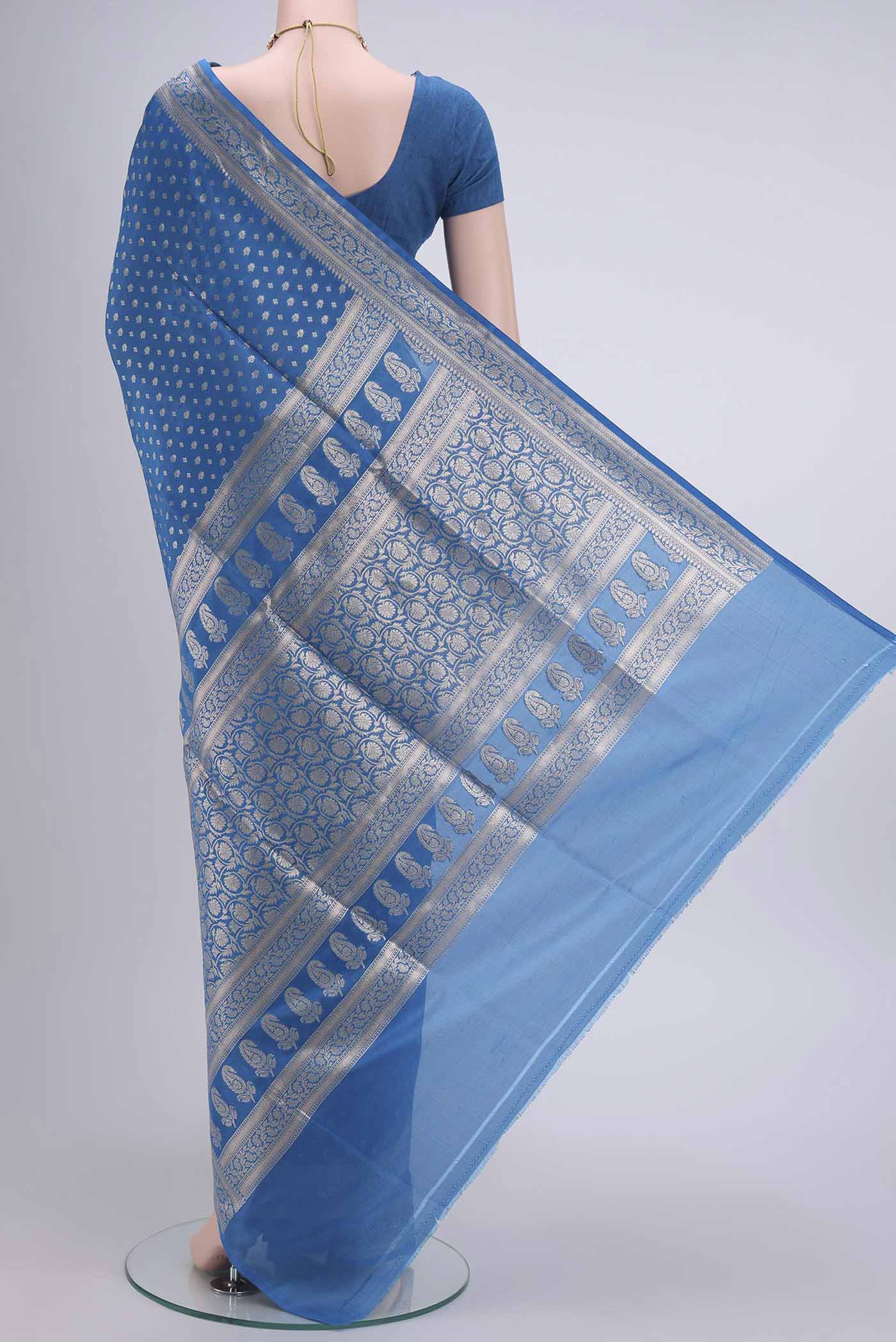 Royal Blue Dual Tone Banarasi Silk Saree - Image 3