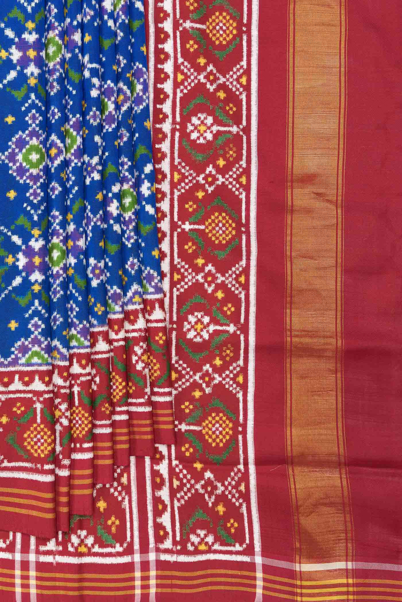 Pure Silk Pure Zari Royal Blue Dual Tone Double Ikat Saree - Image 2