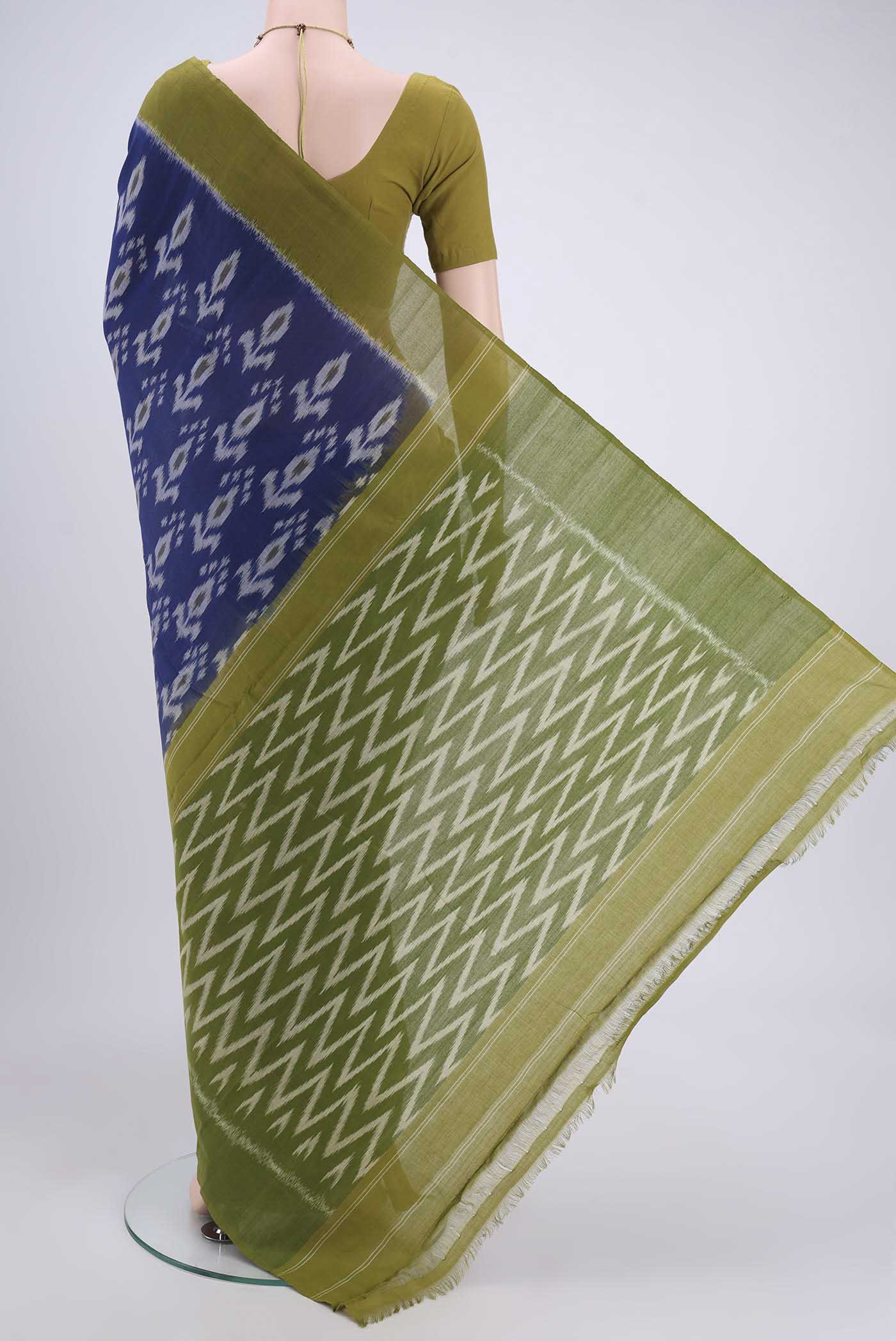 Royal Blue Pochampally Cotton Saree - Image 3