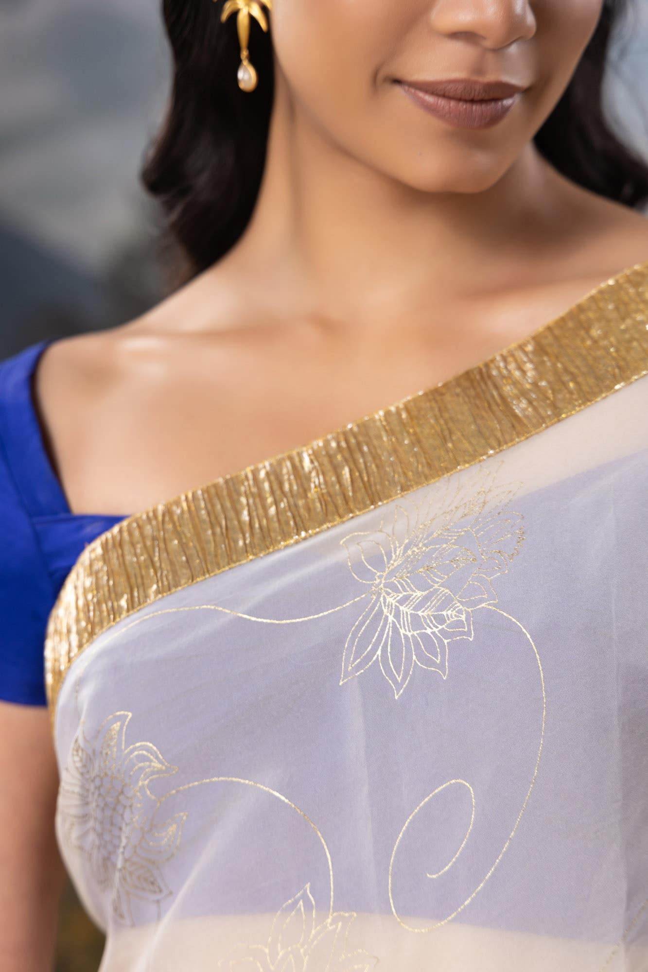 Runes of Gold-White Organza Silk Saree - Image 2