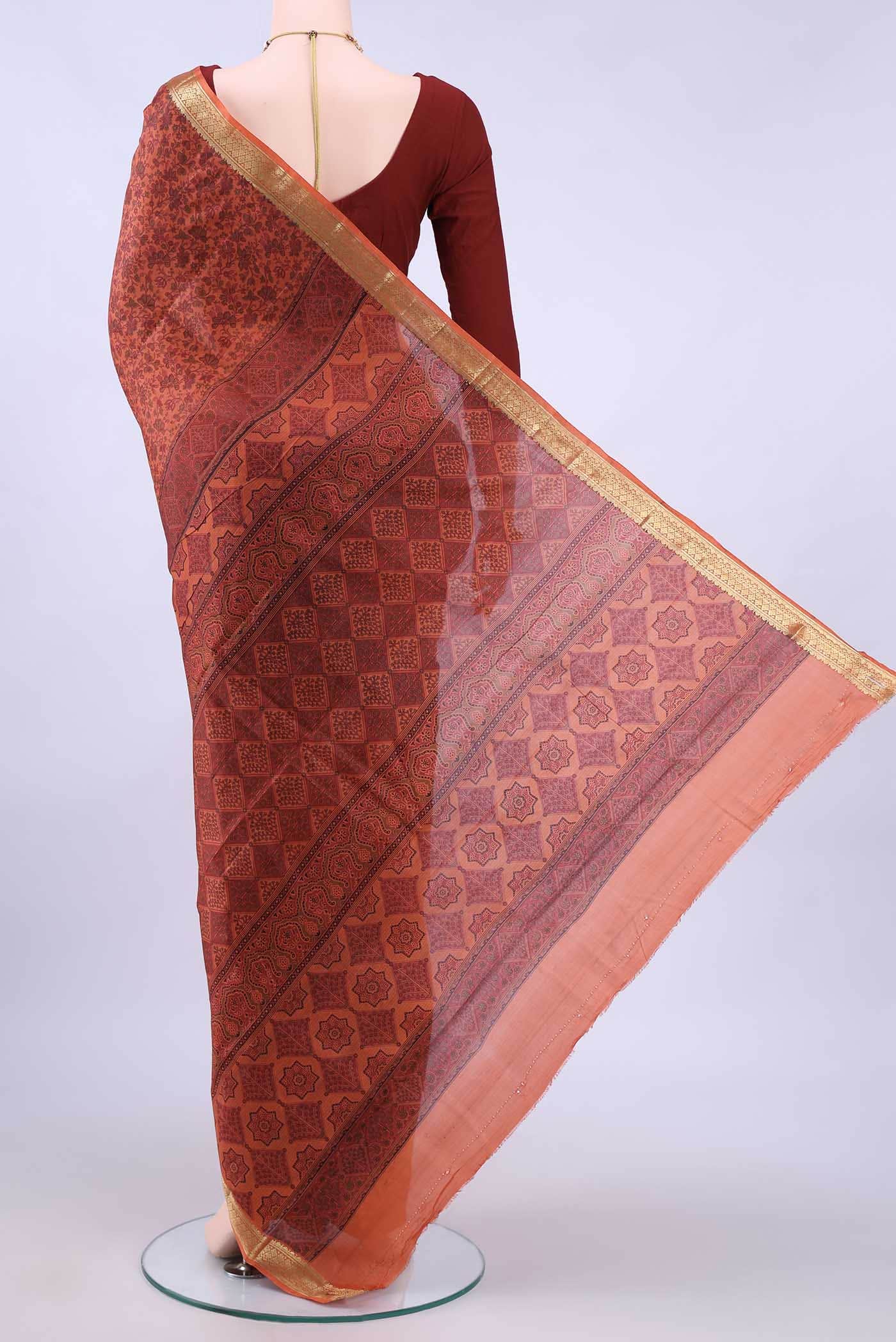 Rust Printed Silk Saree - Image 2